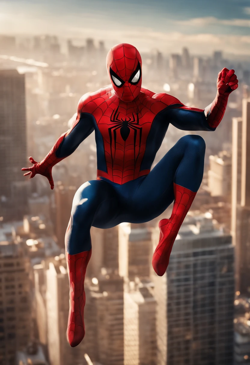 full body shot, male spiderman hanging upside from the top of the skyscraper, city background, portrait photography by artgerm, in the style of realism, cartooncore, mangacore, glistening skin, natural lighting, silver and red 50 --s 2