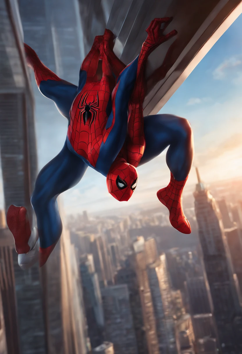 full body shot, male spiderman hanging upside from the top of the skyscraper, city background, portrait photography by artgerm, in the style of realism, cartooncore, mangacore, glistening skin, natural lighting, silver and red 50 --s 2