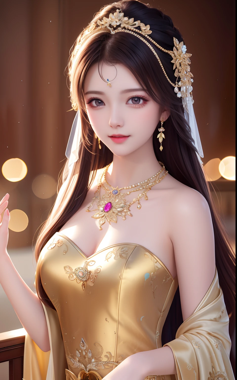Extremely detailed CG Guvez style artwork, close-up of woman wearing gold crown in white dress, beautiful and elegant fantasy queen anime goddess.