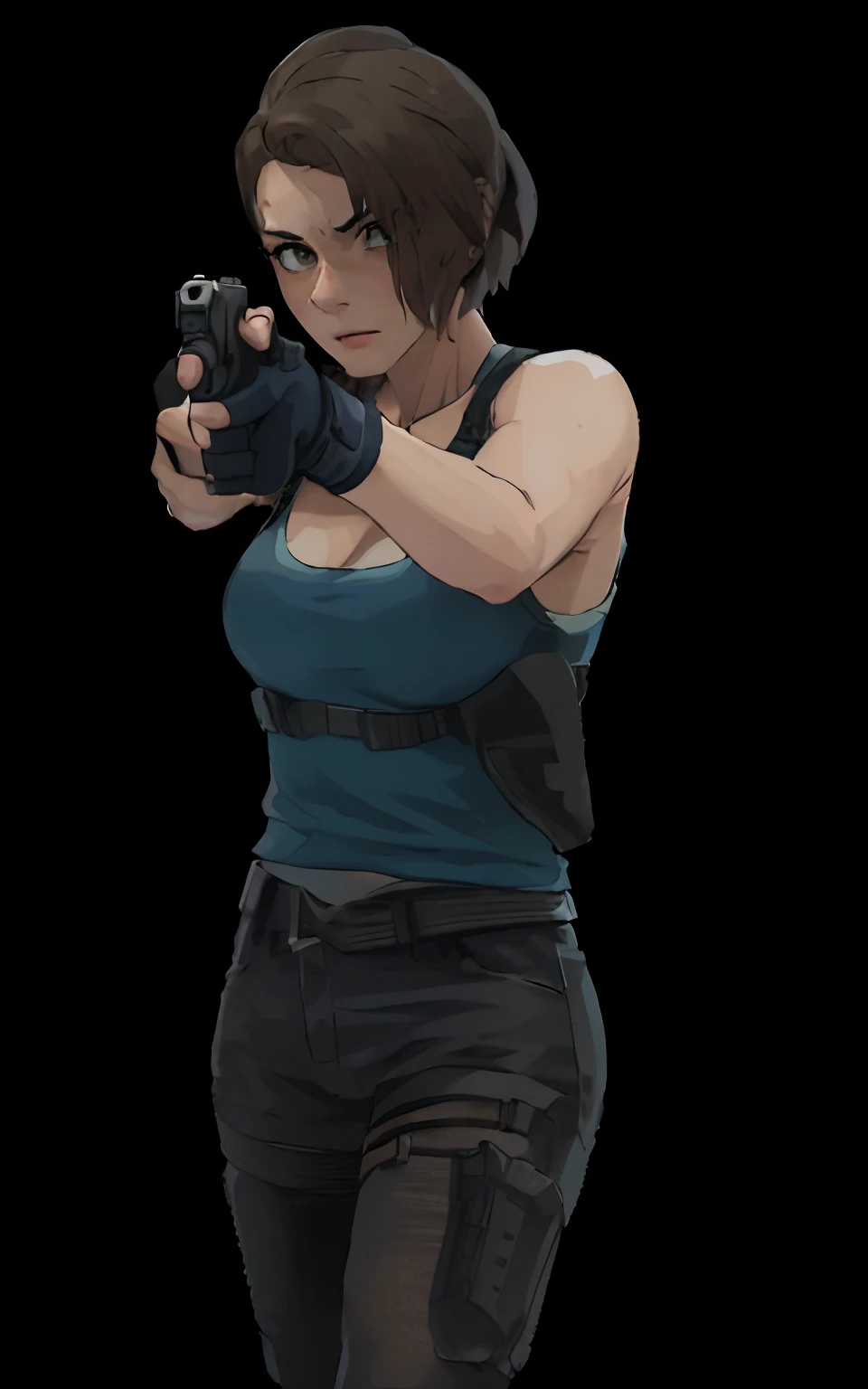 a woman holding a gun and pointing it at the camera, glamorous jill valentine, dramatic wielding gun pose, female lead character, inspired by Leng Mei, female protagonist 👀 :8, as a character in tekken, chloe price, resident evil inspired, with pistol, threatening pose, video game render, in an action pose, shooting pose, ellen ripley, fight pose
