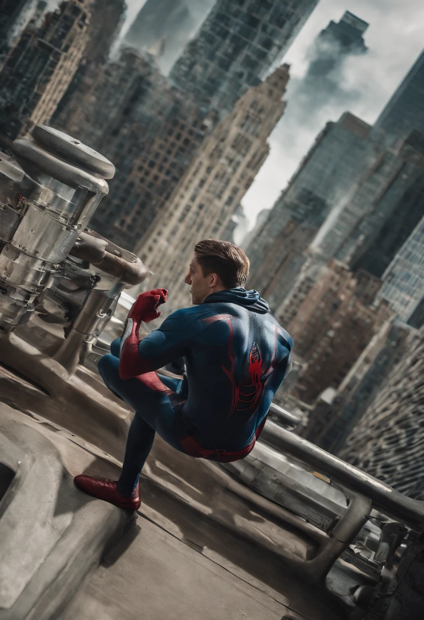 full body shot, male spiderman hanging upside from the top of the skyscraper, city background, portrait photography by artgerm, in the style of realism, cartooncore, mangacore, glistening skin, natural lighting, silver and red 50 --s 2