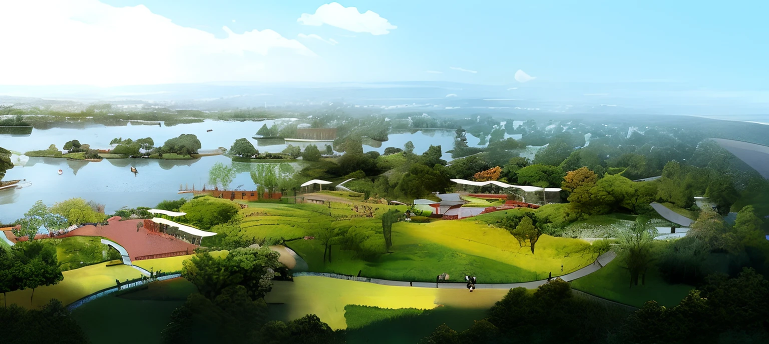 There is a large park with a pond and tennis courts, author：Chass is silent, royal garden landscape, Beautiful rendering of the Tang Dynasty, author：Wu Zhen, author：Shen Zhou, author：Li Zai, with flower fields as foreground, Landscape view, park landscape, author：Yan Hui, author：Zhou Chen, by Ni Yuanlu