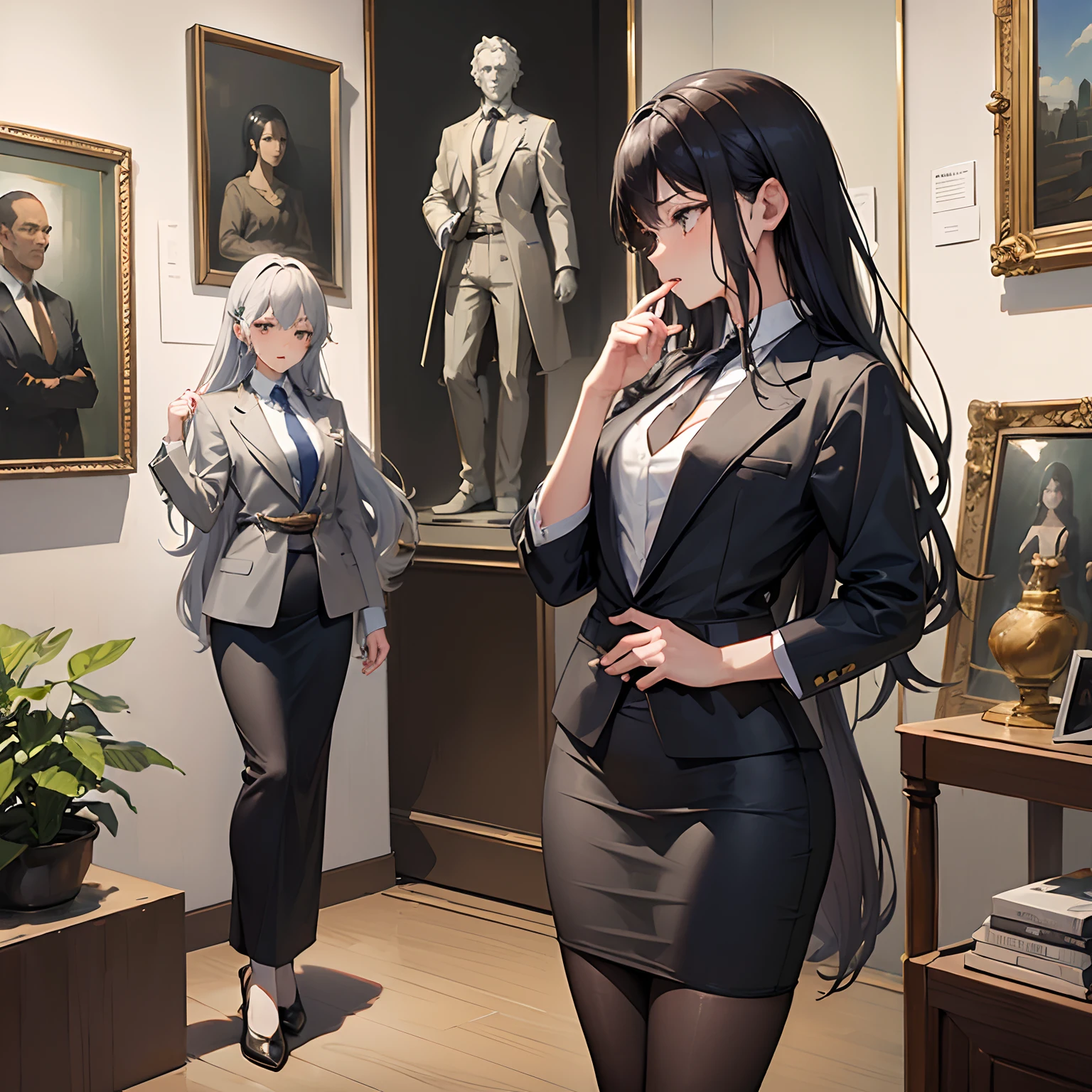 (at art museum:1.4), Paintings and sculptures lined up, (1 woman and 1 bronze statue), back view of bronze statue is in the rihgt foreground), woman is in the back left, rodin style sculpture statue, ( male bronze statue:1.2),
BREAK
beautiful Japanese woman, 30 years old, office worker, looking at lower half of statue, long black hair, (light gray business suit:1.2), light gray jacket, light gray pencil-skirt, white shirt, navy ribbon tie, (black stocking:1.2), (small breasts:1.4), (flat chest:1.4),
BREAK
(wide hips:1.4), (drenched in sweat:1.2), sweat on cheeks and forehead, flushed face, (licking index finger:1.2), drooling
