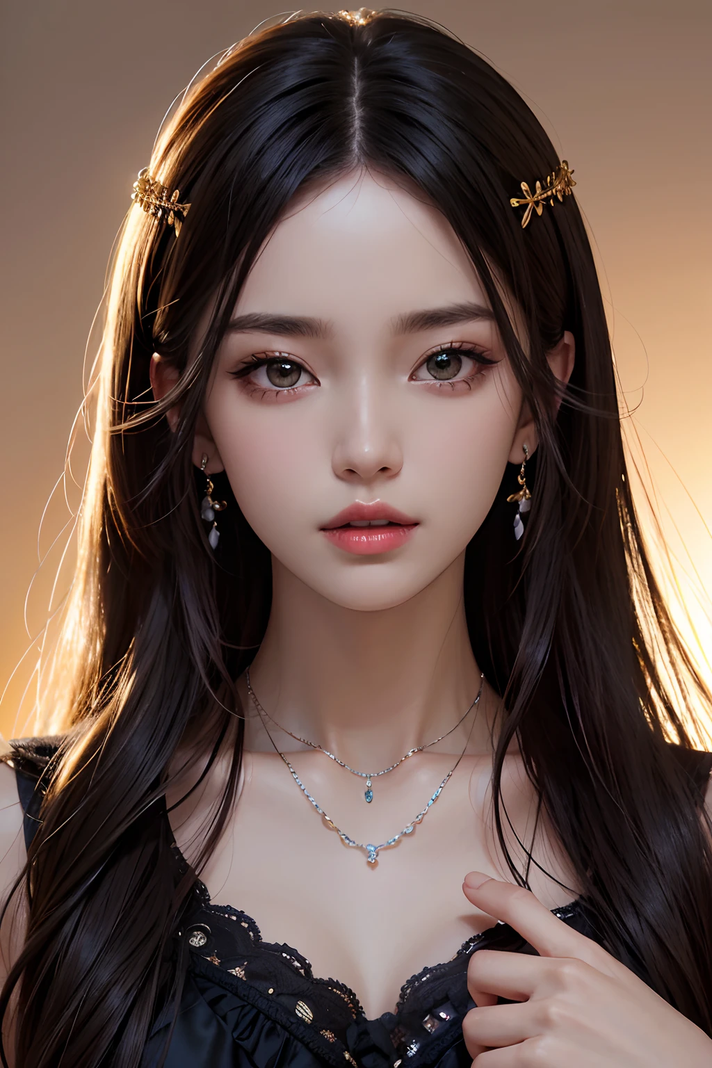 tmasterpiece、top-quality、portrait of one girl、hair adornments、a necklace、jewely、beautiful countenance、after sexing_Body、Tindall effect、Photorealsitic、Dark Studio、rim lit、twotonelighting、(High-detail skin:1.2)、8K UHD、Digital SLR, softlighting, high high quality, voluminetric lighting, Frankness, A picture, A high resolution, 4K, 8K,
