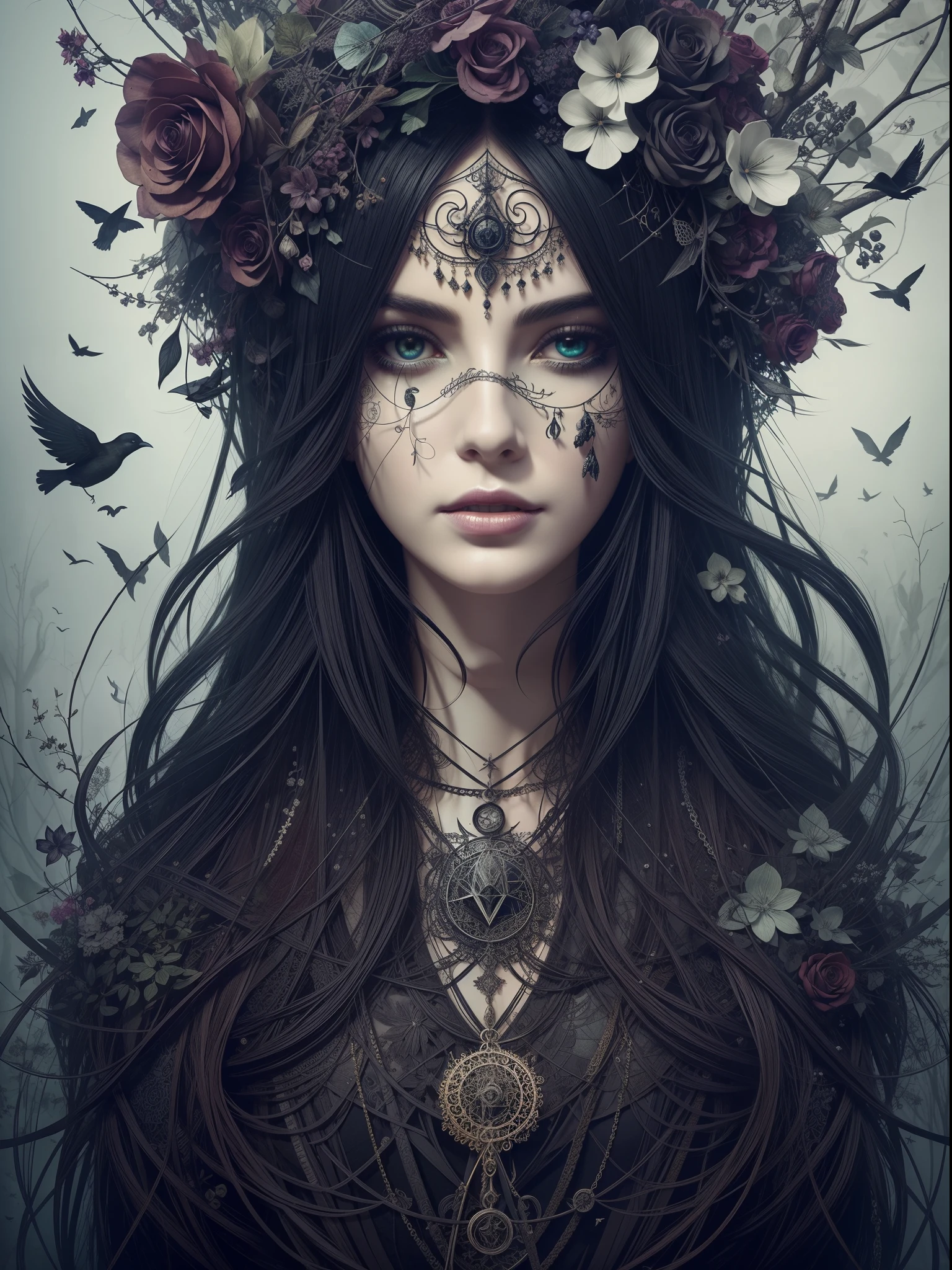 Surreal witchcraft: Abstract character portrait of a beautiful and charming witch of the master, Her face is surrounded by intricate dark flowers, Birds and other surreal elements, Russ Mills
