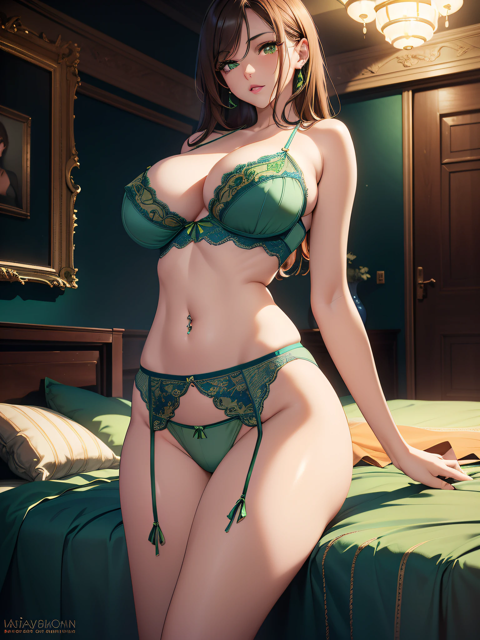 absurd, 8K, high resolution, ultra detailed, beautiful, masterpiece, best quality, very pretty woman, young, very pretty woman, sexy, (blue and green lingerie:1.5), orange eyes, brown hair, navel piercing, sexy, detailed woman Face, very attractive, (very large breasts:1.3)
