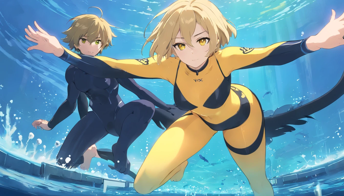 1 male human、a blond、huge ass、Black catsuit、yellow  eyes、Large, thick thighs、short-haired、wide hips、pantyhose、musculature、under the water