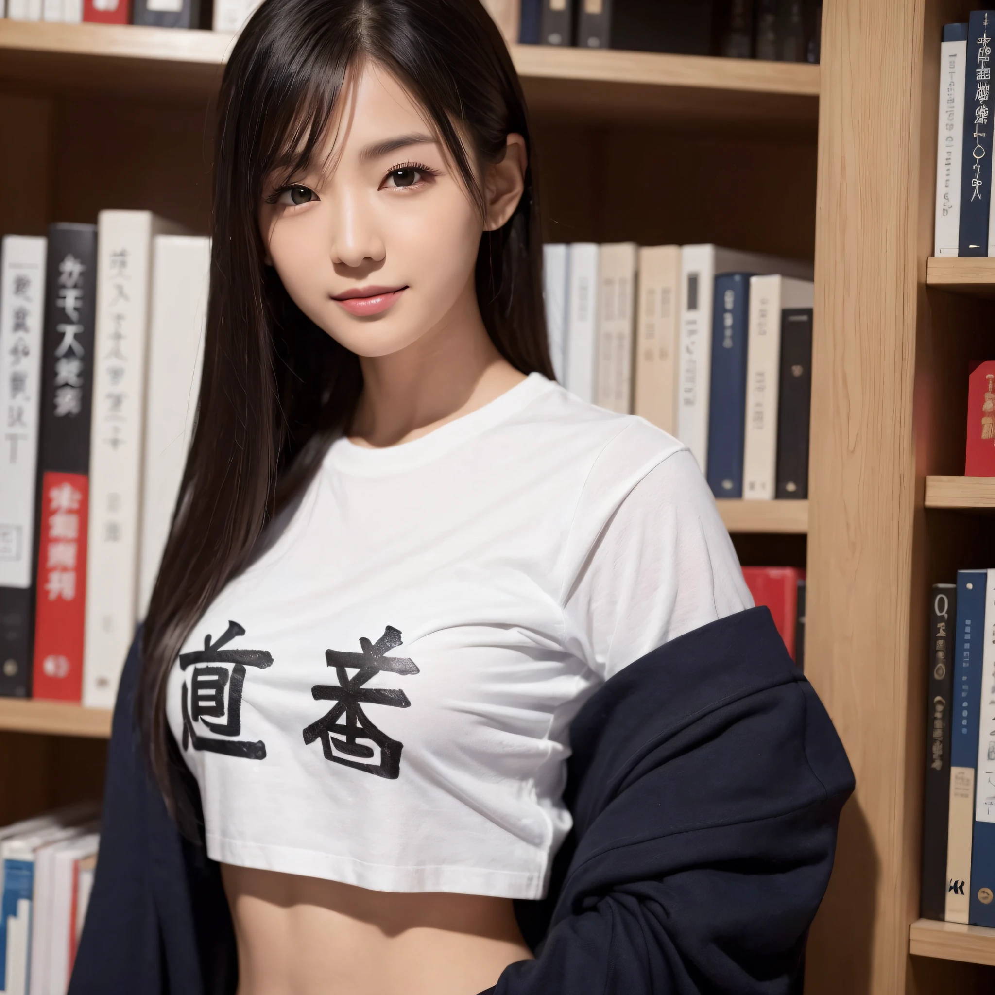 One beauty、((best qualtiy、8k masterpieces:1.3))、foco nítido:1.2、(ultra beautiful faces:1.0)、(shinny skin:1.0)、photos realistic、A dark-haired、Video Lighting、High-definition eyes and face、Video Lighting、Japan idle、from the front side、medium breasts、Smile、Slender Abs Beauty、Whole body、Wearing a T-shirt with Japan kanji written on it、at the library