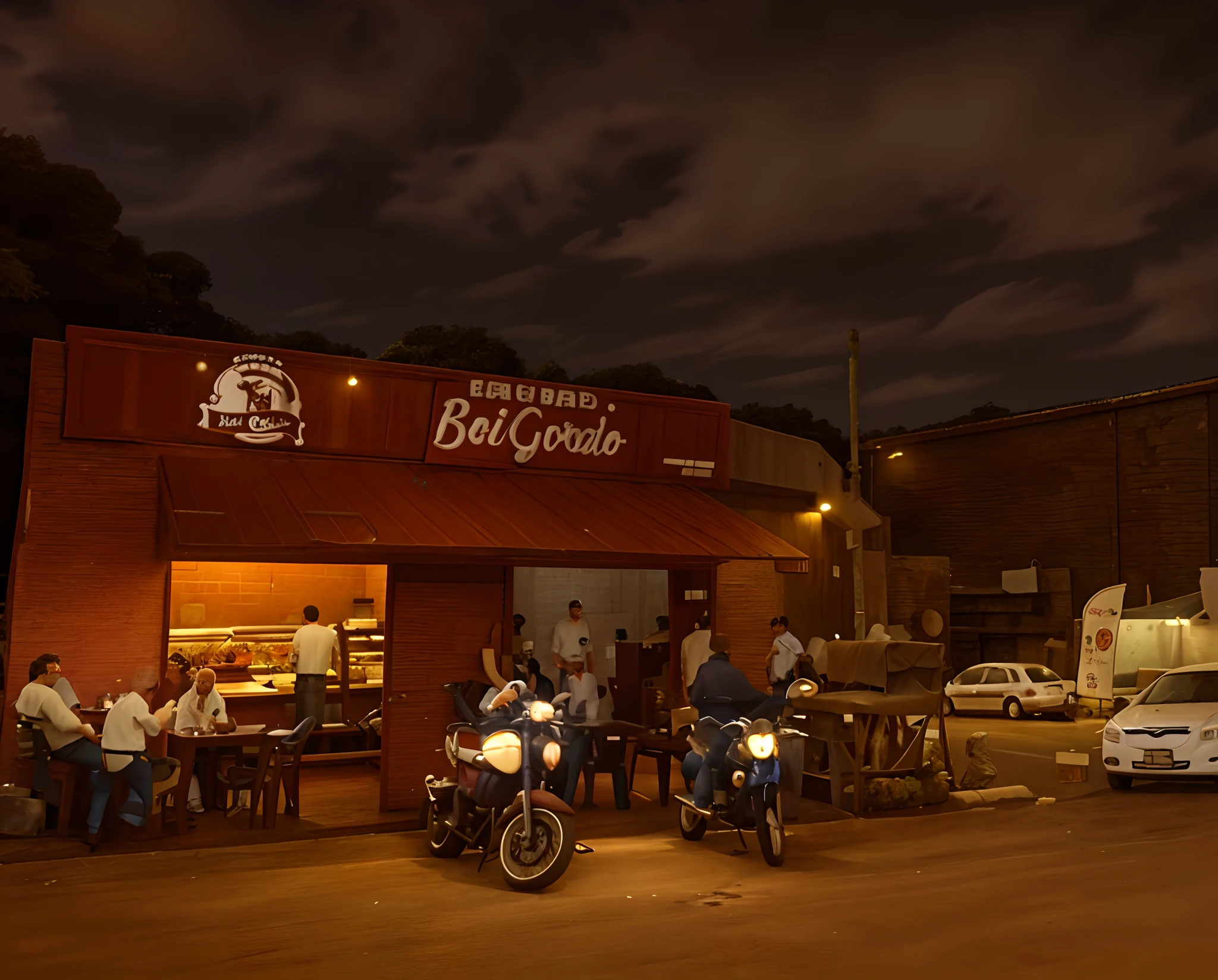 Black butcher shop glues parked cars and motorbikes, pessoas na frente sentadas, mesas, churrasco, carne