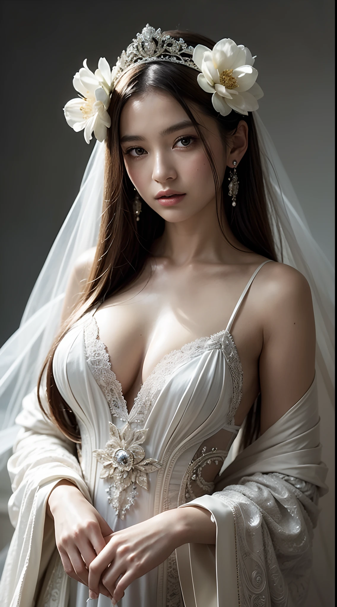 photo portrait of a beautiful woman like a queen-dark-angel, dressed in long elegant intricate ornamental baroque white dress, natural skin tone, intricate fractal highly detailed flowers ornament in the upper side of breast, bust with a very long neck , elegant, highly detailed intricate flowers ornament in her blond long hair, Realistic, Refined, Highly Detailed, Cinematic pastel Lighting, fine art photography by Paolo Roversi, volumetric studio lighting, hyper realistic photography