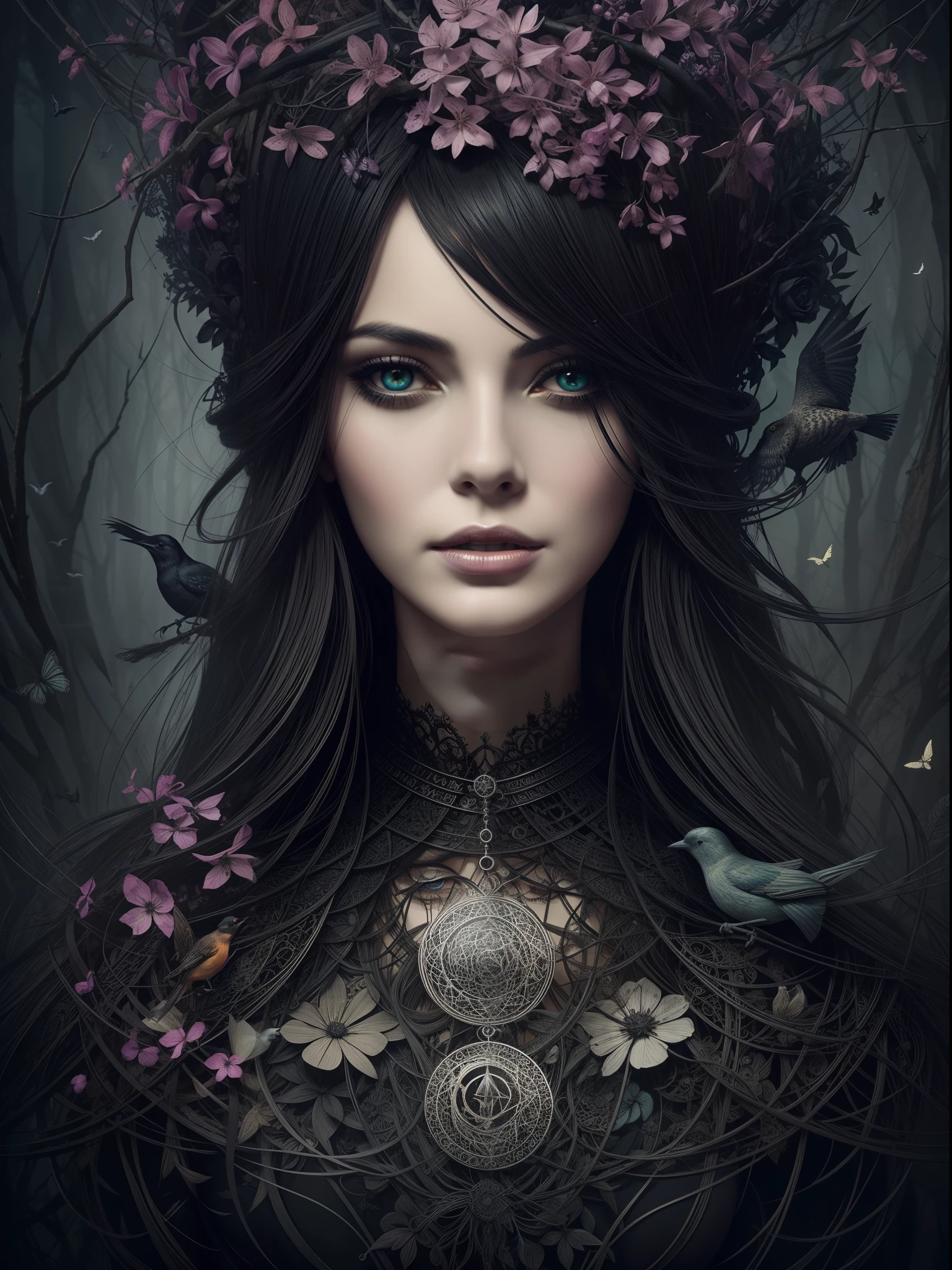 Surreal witchcraft: Abstract character portrait of a beautiful and charming witch of the master, Her face is surrounded by intricate dark flowers, Birds and other surreal elements, Russ Mills