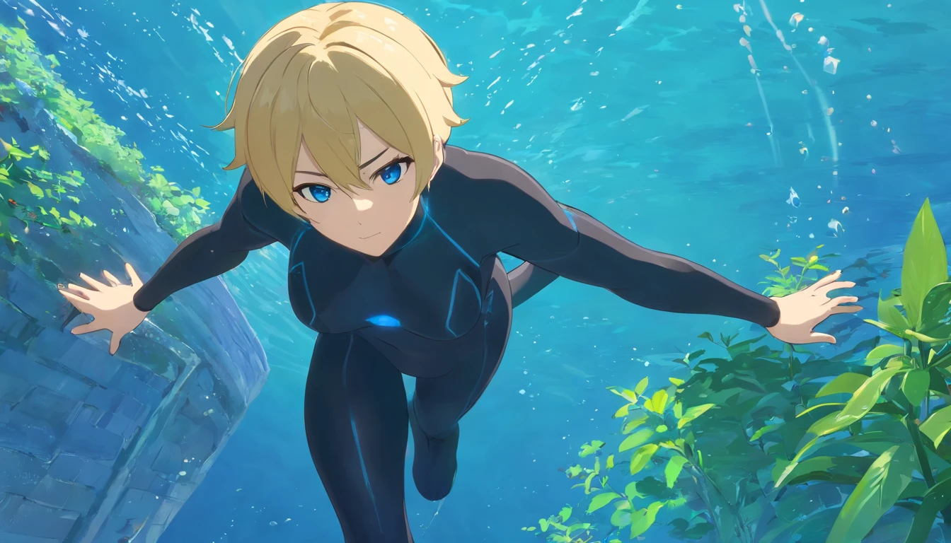 2 boys, Two people are underwater, swim, boys are 14 years old, blond hair boy and black hair boy, elegant, friends, underwater, Serious mood, clear eyes