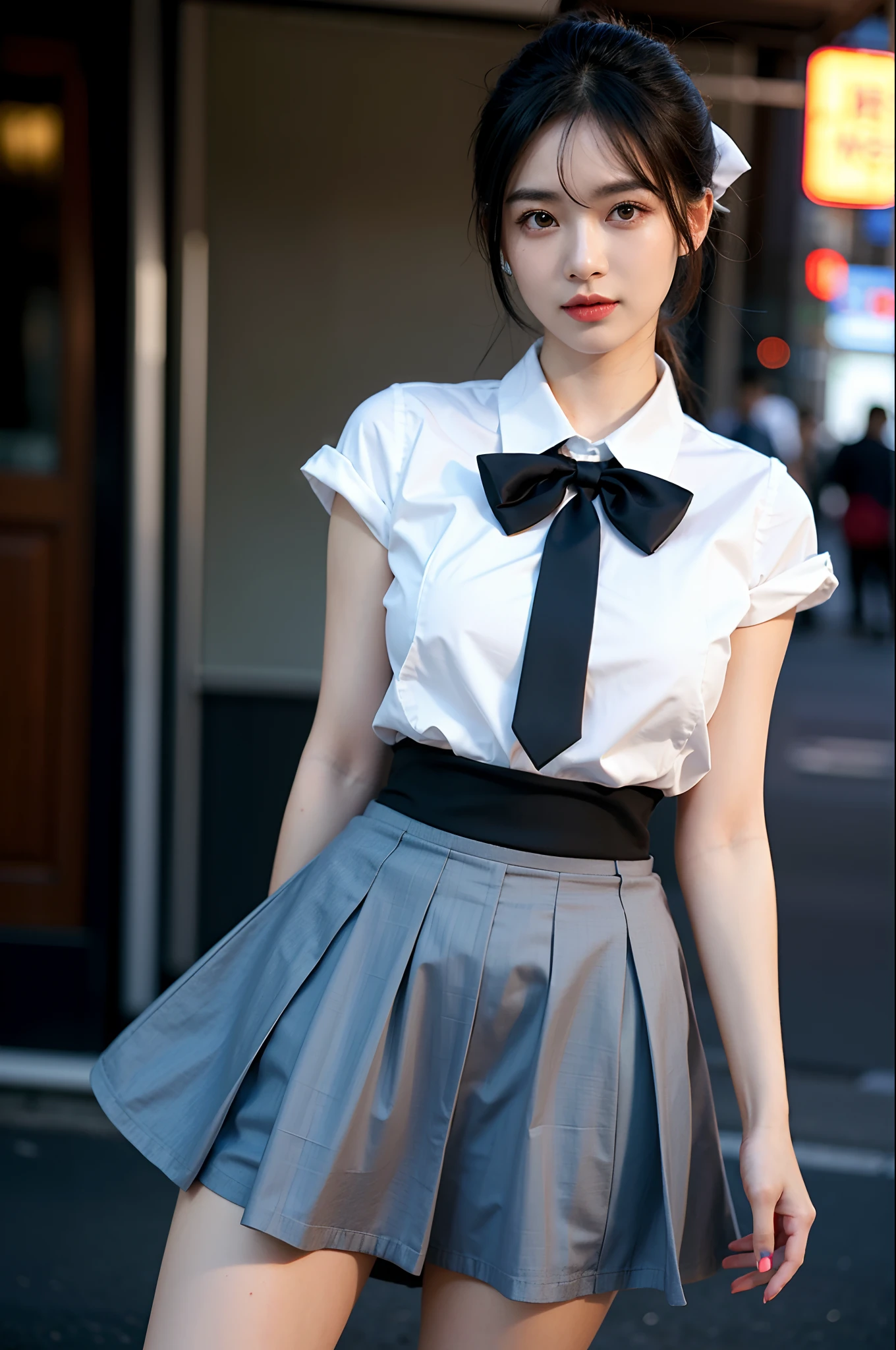 (8k, RAW photo, best quality, mastery:1.3), (realistic, photo-realistic:1.37), (looking viewer:1.331), (white hair), posing, Tokyo street, nightcityscape, cyberpunk city, soft light, 1girl, extremely beautiful face , Perfect body proportions, (small face: 1.1), (enormous breasts :1.2) , casual hairstyle, smile, big eyes, (short sleeves JK_shirt), JK_style, (navy JK_skirt), (bow JK_tie), mix4, detailed eyes