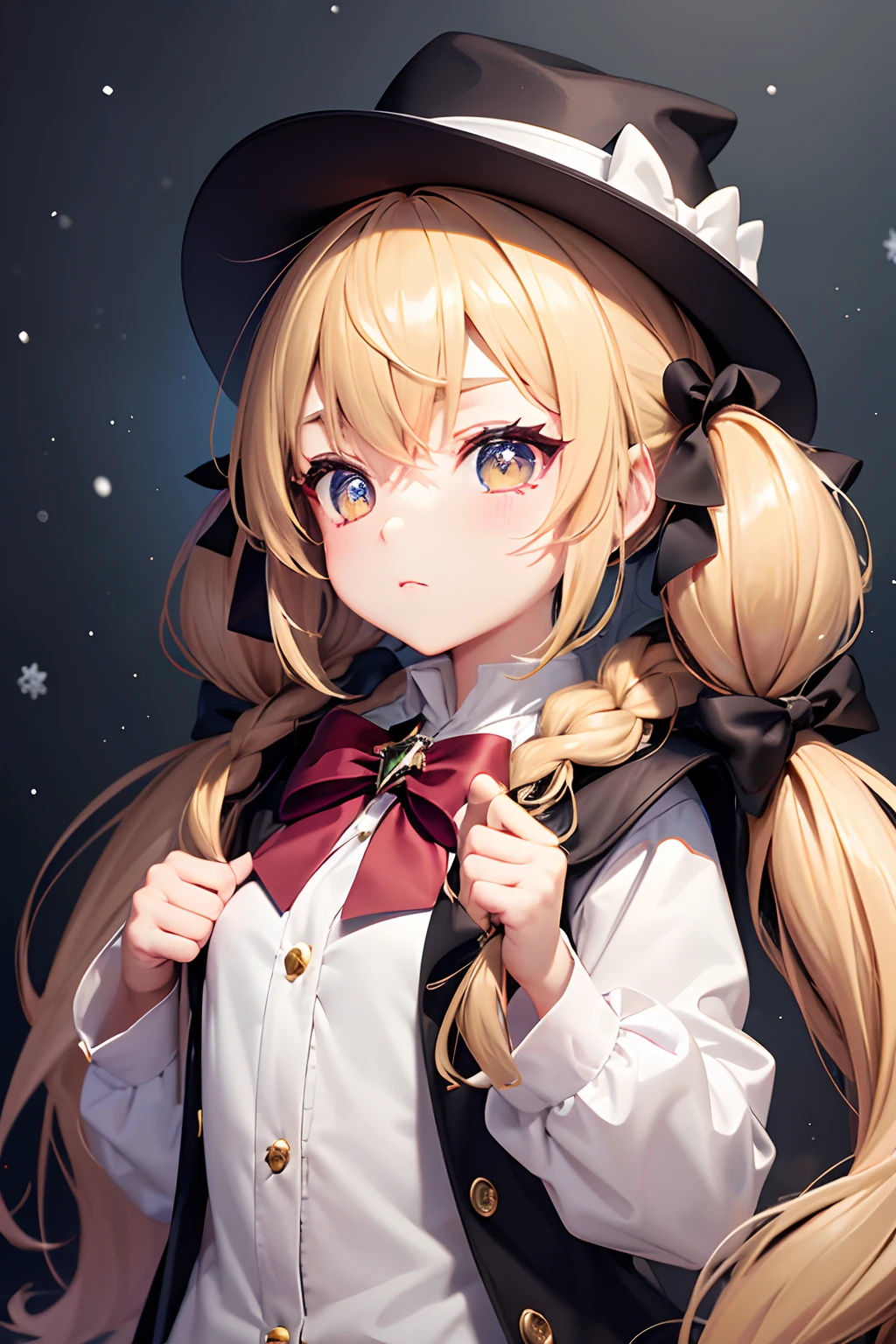 Starry eyes, It looks even more beautiful than immortal, Ahoge, hair, star-shaped pupils, Amber eyes, colored contact lenses, blush, high detailing, Anime, romanticism, Modern, Gothic art, Anime style, Film Lighting, Ray tracing, Motionry, close-up, Sony FE GM, nffsw, high detailing, of the highest quality, 8K, Big breasts, light brown hair, hat, Twin-tailed, Clean fingers, Well-formed fingers, Long jacket, bow ribbon, mystery, knit hat, Snow, irate, impatience,(((Petite girl with blonde twin tails))),