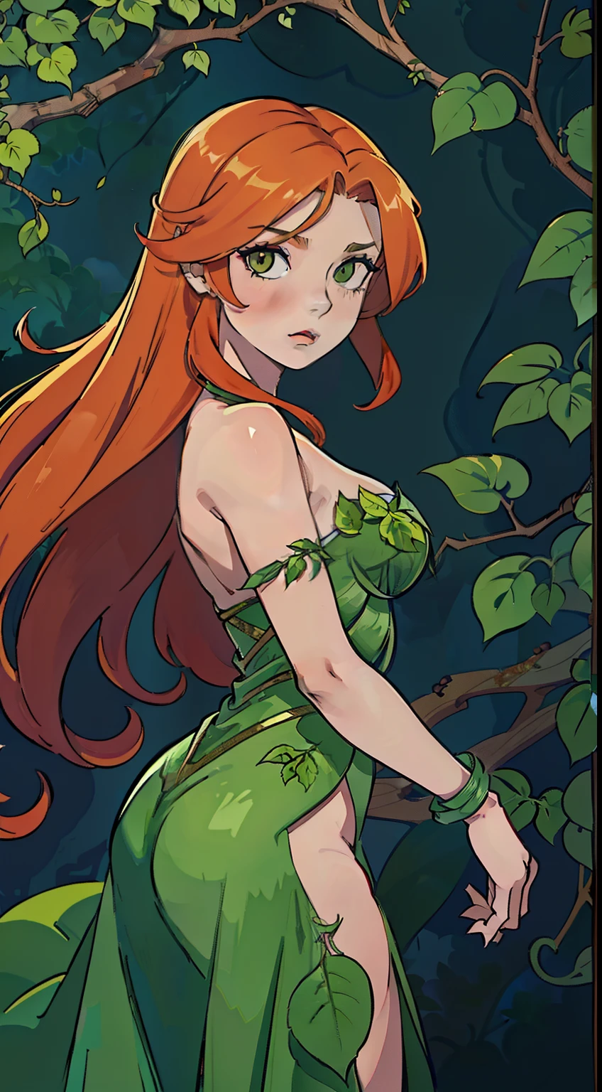 woman , poison ivy,  orange flowing hair, circa 2008, flowering vines, overgrown greenery, costume design, wood, nature,  neutral background, Masterpiece, Best Quality, (Highres) (original) , (very detailed wallpaper) , very, hard shadows, Cinematic shot, dramatic lighting