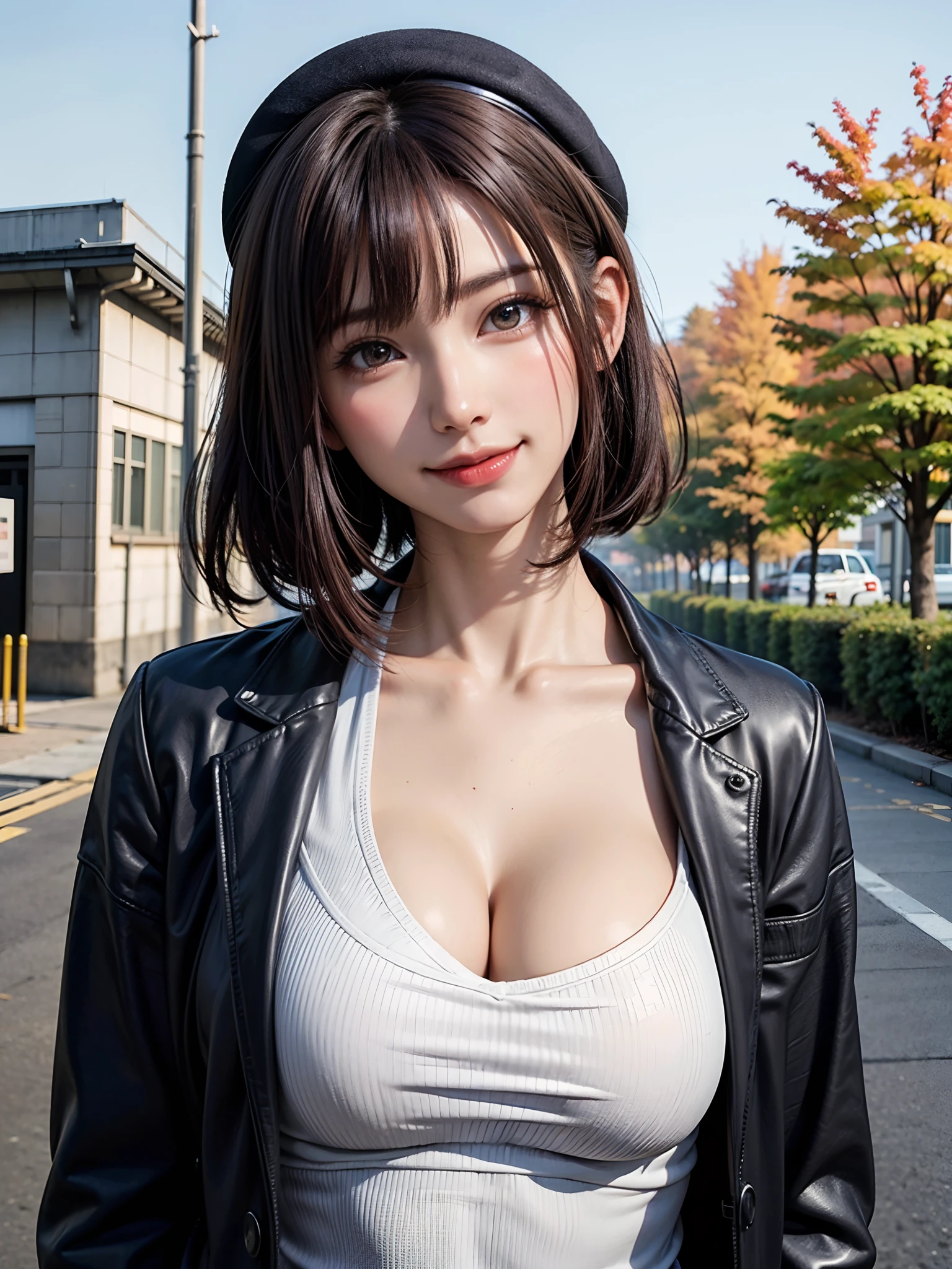 (Face Focus、Very eye focus、Head tilt、Very chest focus、Very under-bob、mid-riff peak、ideal ratio body proportions、hyper realisitic、Photorealistic、masutepiece:1.4, top-quality:1.4、Add intense highlights to the eyes:1.4、short shiny hair:1.4 ),1girl in, 独奏, short dark hair, scarf, Hats,, realisitic, looking at the viewers, brown eyes of light color,, shorth hair, coat, Winter clothes, White headscarf, s lips, lipgloss:1.4,bangss,a closed mouth, The upper part of the body、big eye、Lashes、((Street))、((Shorthair with bangs:1.4、big eye、Put very strong highlights in your students、{Gigantic|Big|Huge|Mega} breasts, cleavage、very Bigger breasts、gazing at viewer、Very beautiful beauty、Put your ears out、long neck、little smiling、Close your mouth and smile)))、Beautiful adult woman full of charm:1.4、(Autumn leaves are blue without people or cars々tree-lined street)
