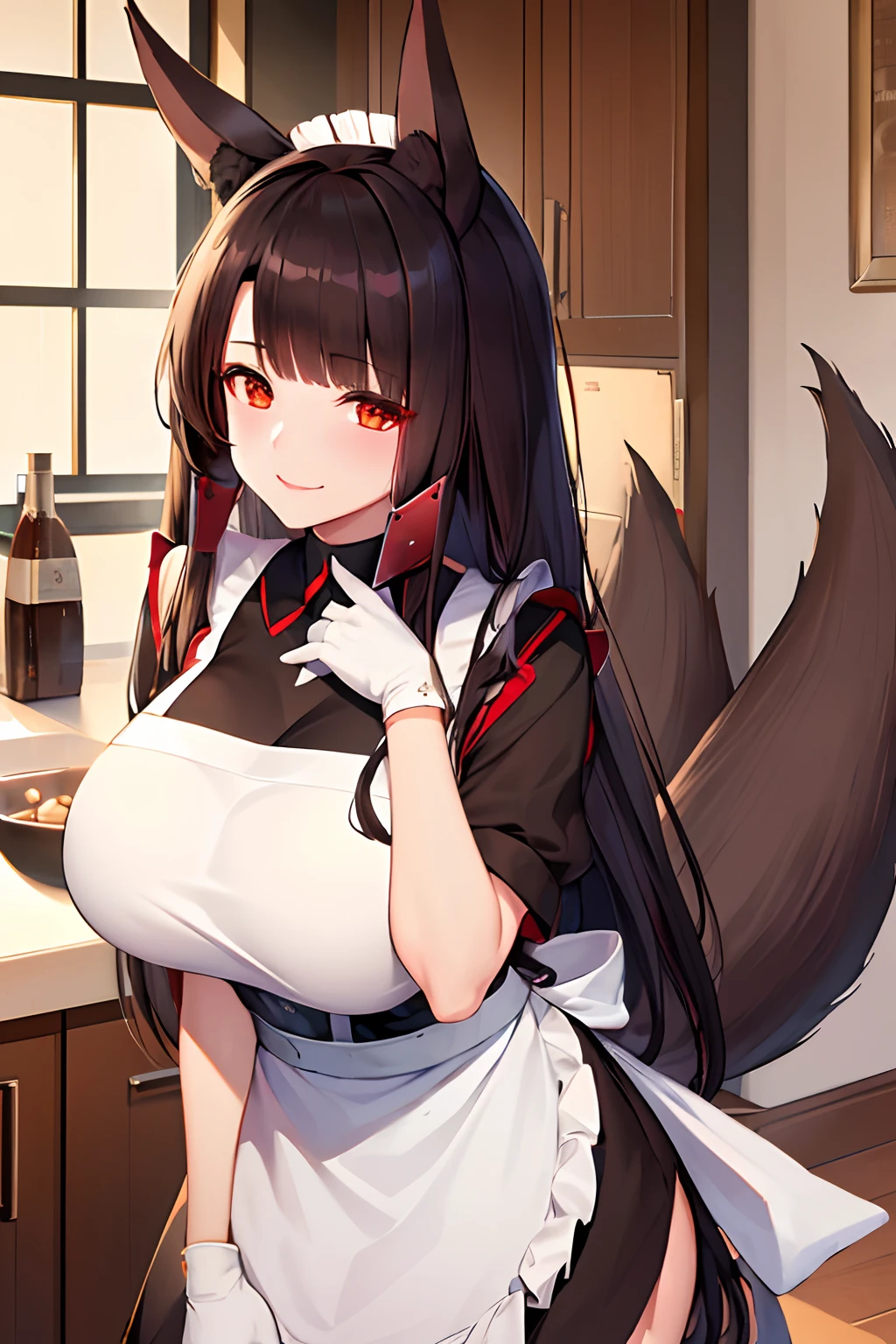 masterpiece, best quality, AkagiV4, azur lane, akagi (azur lane), 1girl, animal ears, black hair, brown hair, fox ears, fox girl, gloves, (((indoors, kitchen, apron))), kitsune, long hair, looking at viewer, red eyes, smile, tail,