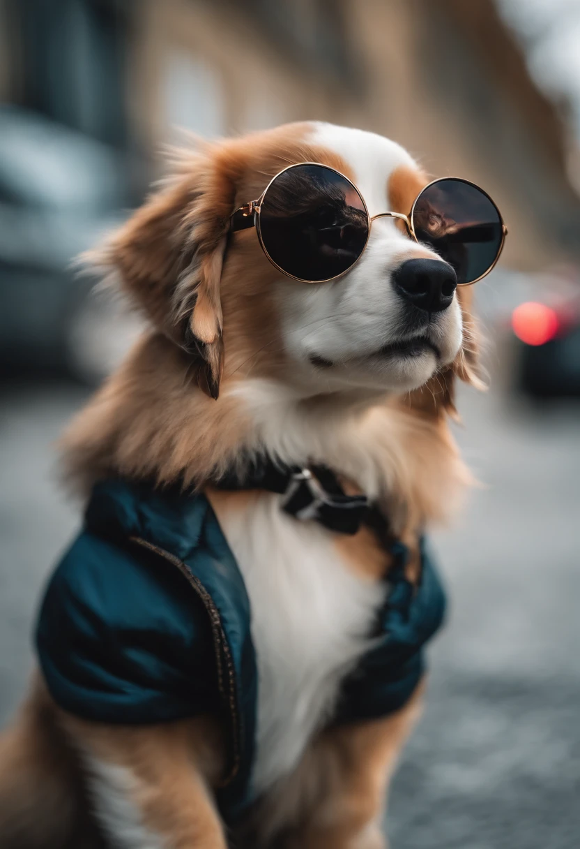 Perfect centering, Cute puppy, Wear a jacket, Wearing sunglasses, Wearing headphones, cheerfulness, Standing position, Abstract beauty, Centered, Looking at the camera, Facing the camera, nearing perfection, Dynamic, Highly detailed, smooth, Sharp focus, 8K