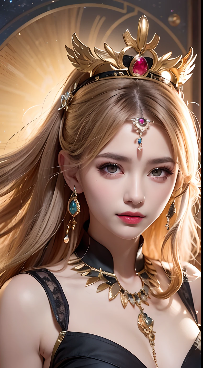 1 beautiful 27-year-old holy woman, naked on the chest, nude, beautiful face without blemishes, ((Natural smile:1.0)), ((flat bangs:1.2)), (((long hair): platinum:0.8))), big crown, hair brooch, hanfu skirt, fanciful hanfu style, full body jewelry, forehead tattoo, super even breasts, woman's face, face with fine makeup , pretty face, ((even porcelain teeth: 0.8), most beautiful and detailed light red lipstick, huge breasts, super round and balanced, ((Lips plump and thin: 0.3) )), ((Yellow eye color: 1,2), Detailed and delicate lighting effects, light and dark, light impression, magical light, detailed light, true color, super sharp , realistic, 8k quality, fantasy universe background, saintess and fanciful space, the most detailed image, ((Solo:0.3)), ((a saintess:0.6)) , ((look at). straight to the saint's upper body:0.4)), upper body, ((smooth skin:0.5)), ((herself's veil:1.2)), ((solo:1.3)), ((( girl alone :1.3)), saint portrait, short photo, Body portrait, (((open mouth:0.6))), Digital Realistic, ((fanciful red smoke effect:1.2)),