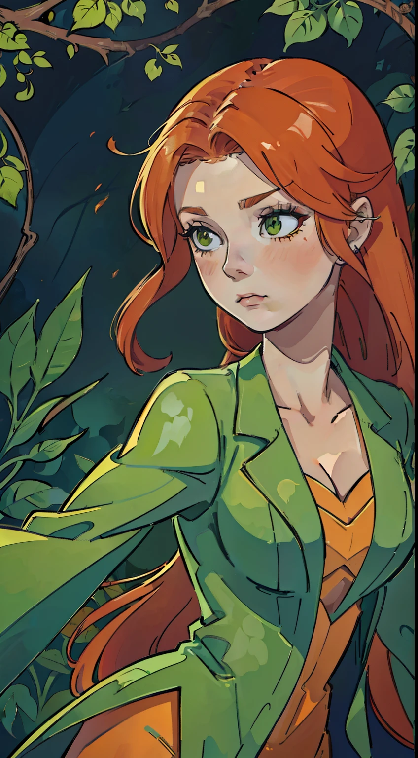 woman , poison ivy, orange flowing hair, circa 2008, flowering vines, overgrown greenery, costume design, wood, nature, neutral background, Masterpiece, Best Quality, (Highres) (original) , (very detailed wallpaper) , very, hard shadows, Cinematic shot, dramatic lighting