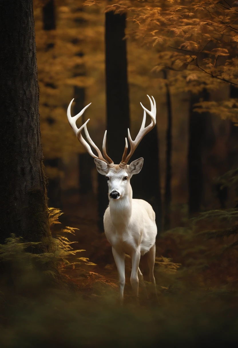 "Albino deer in the mysterious forest."