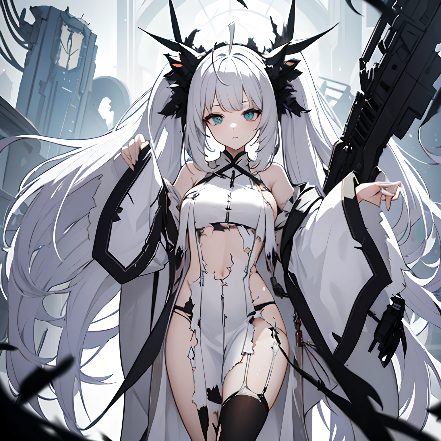 1 girl, solo, Koyori, tattered and torn white robe, intricate white lab coat, torn black stockings, white hair with black tips, side braids, long let down hair with black tips, red and green eyes, heterochromia, serious expression, alien-like laboratory in background