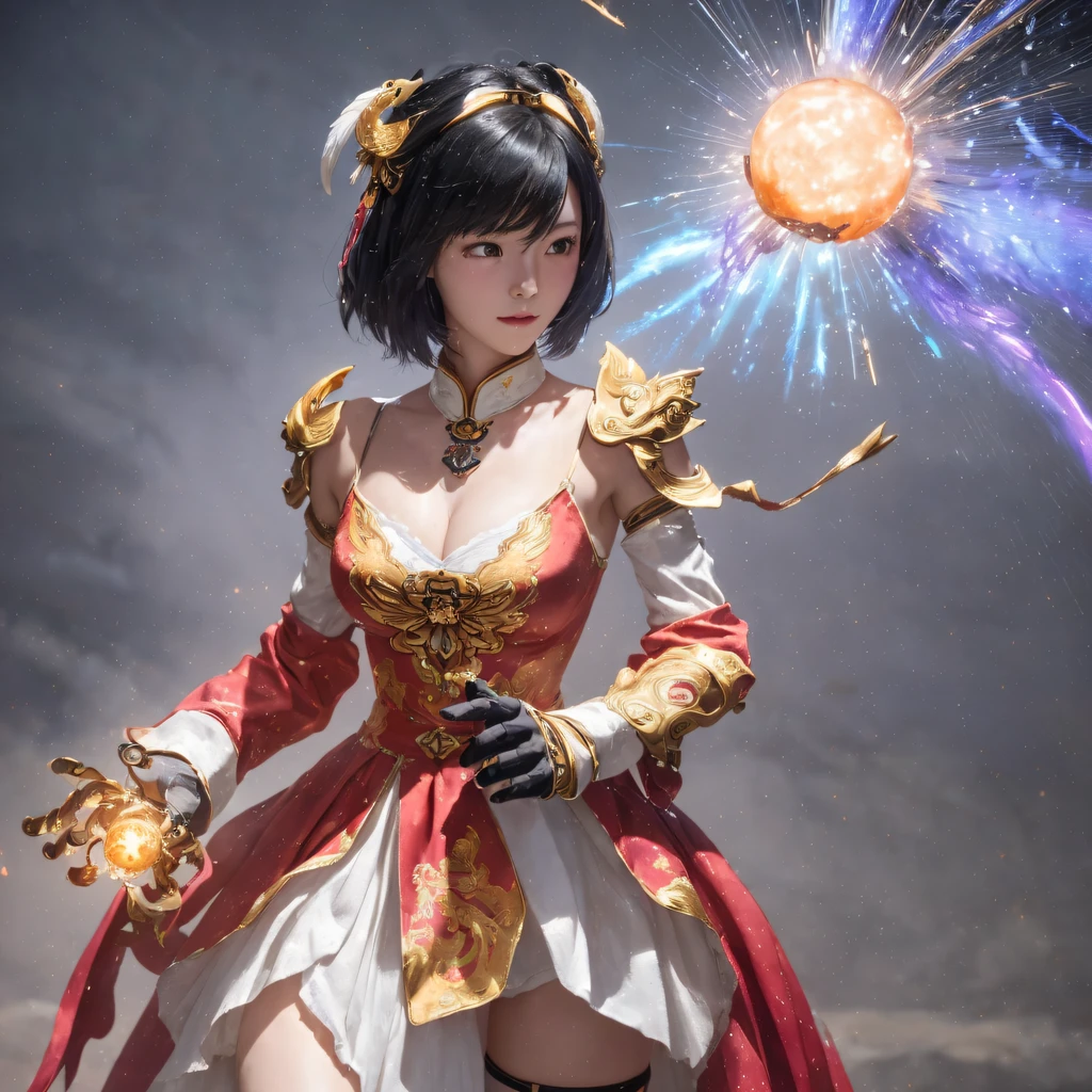 （（Red and white mech girl））National wind circle，Flying nine-tailed fat skull flame ethereal toad star，Golden-black damask white rabbit fur bra，Fuchsia pink diamonds, Tulle burgundy diamond shin guard，CG ，Light orange full set of thick mechs，Giant，, Realistic secret girl rendering, detailed face of a asian girl, Reality in the secret world, Smooth CG art, Realistic. Cheng Yi, Realistic secret style, A lovely secret rendering, 8K portrait rendering, Render character art 8 K, Kawaii realistic portrait，Golden-black damask white rabbit fur bra，Fuchsia pink diamonds, Tulle burgundy diamond shin guard((ultra real detailed.mecha-girl)Mink cotton suit mech，Bright blue and white feathers gold silk shoulder pads，Shi Zhong Fire Tiger Female Taoist，Tailfire，Tattooed with，Genius ratio，Silicone texture，Short bright purple hair，3D modeling，4K,8K,16K smooth (Masterpiece, Top quality, Best quality, offcial art, Beauty and aesthetics: 1.2), Very detailed, Colorful, Most detailed, branches,mecha-girl, （Mards）mecha-girl（canyons）， （Linen Future Mecha Girl）， Angry fighting stance， looking at the ground， Batik linen bandana， Crane pattern long sleeve garment，Mecha Maiden Canyon（Abstract propylene splash：1.2）， Dark clouds lightning background，Sprinkle with golden mech girl powder（realisticlying：1.4），Black color hair，Flour fluttering，rainbow background， A high resolution， the detail， RAW photogr， Sharp Re， Nikon D850 Film Stock Photo by Jefferies Lee 4 Kodak Portra 400 Camera F1.6 shots, Rich colors, ultra-realistic vivid textures, Dramatic lighting, Unreal Engine Art Station Trend, cinestir 800，Flowing black hair,（（（Red and white mech girl））），Front view，Pure transparency，Wear boxing gloves，Ice is permeable to gas，Film light and shadow，Panorama ultra-wide angle，extremely happy，The texture of the real person is delicate，Strong visual impact，Hyper-detailing，Dream girl，Refined face，prettyeyes，high saturated，Wear reflective sunglasses with a thick gold thread，crystal-clear，Good sense of people