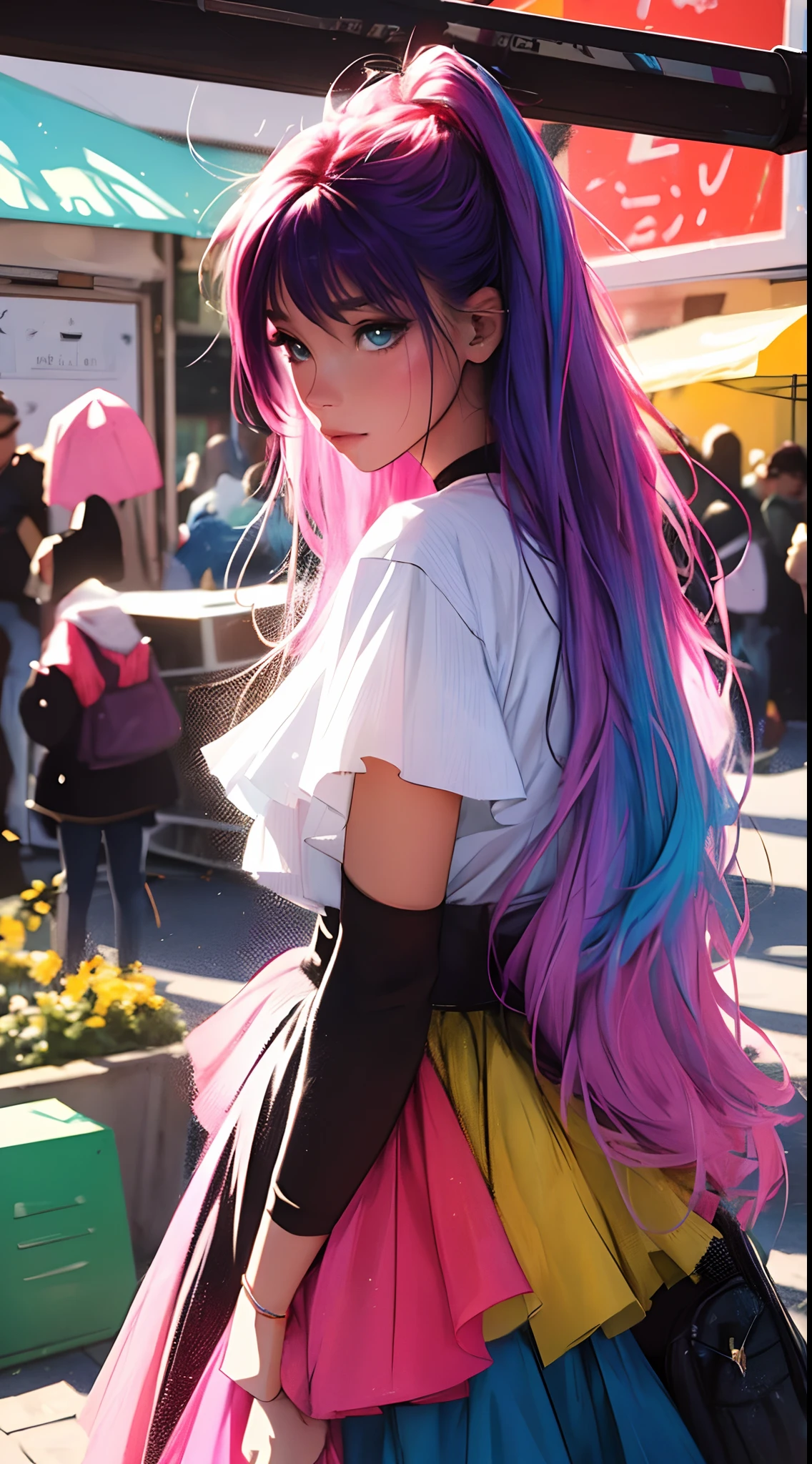 Vibrant colors, flou artistique, light leaks, Une belle fille, UHD (ultra details) Regarder le spectateur en tenue de ville de style hip-hop, different, colourfull, long, Highly colored hair 🌈, dark garments, White stardust on dark parts, absurdes, high resolucion, Ultra detailded, (1fille : 1.3), Photographie analogique, Vibrant colors, flou artistique, light leaks, Ambiance onirique,