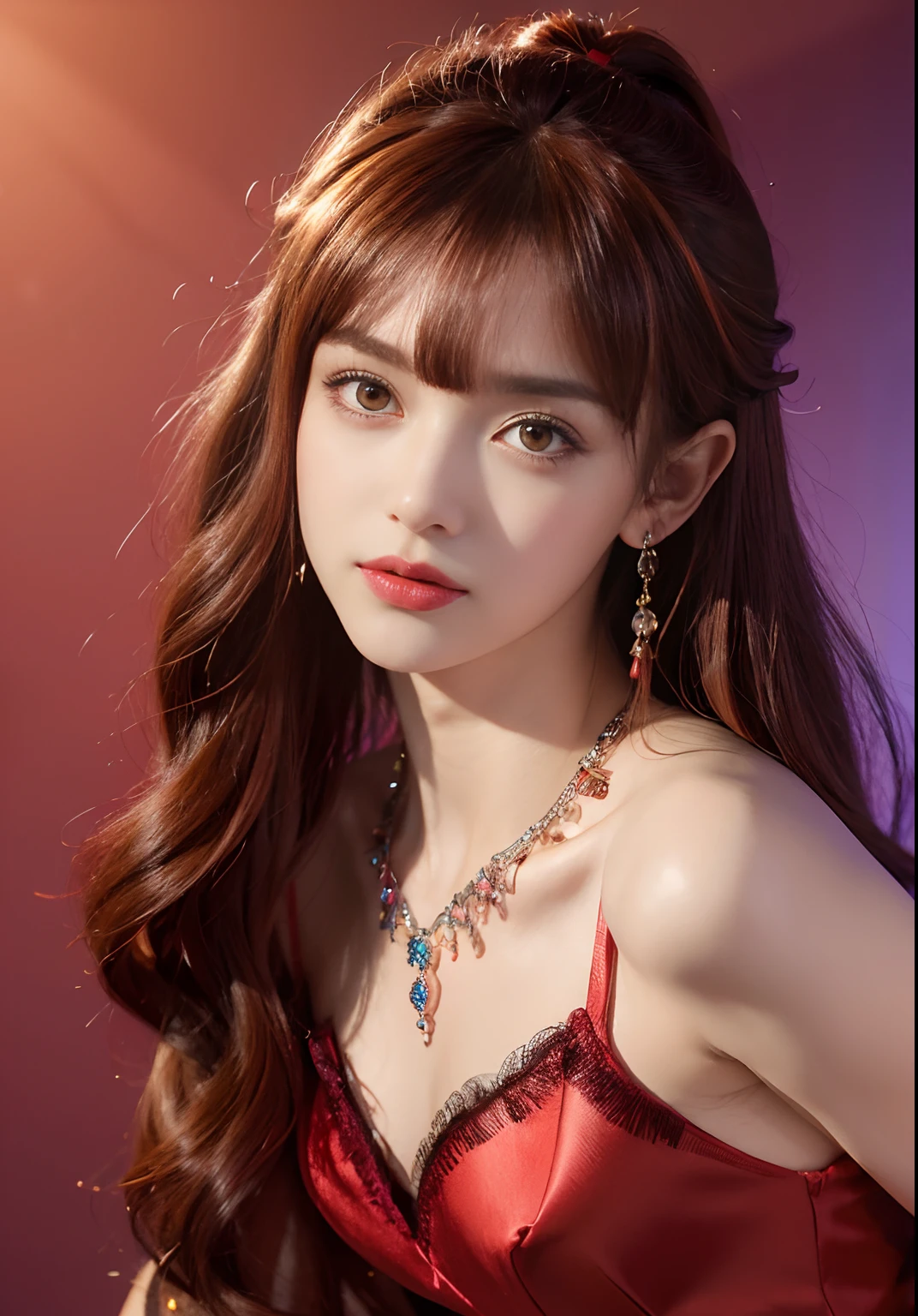 ((独奏)),offcial art,Face focus,((a small face:1.5)),view the viewer,((Costumes in Greek mythology)),18yr old,A beautyful girl, Swarovski red silk dress, Rainbow color long ponytail,Curly hair on the head,Reticulated hair color, ((By bangs:1.8)),Swarovski Crown, ear jewelry, Gorgeous and rich necklace, dark purple eyes, detailed makeup, Redlip,((A smile:0.8)), Keep one's mouth shut, eyeline,eye shadows,blusher, (nedium breasts:1.37), large bust, Slim waist, Greek art textures, Colorful and realistic colors, RAW photos, Realistic photos, hyper qualit,8k wallpaper,extreme light and shadows, (Light of fantasy:1.37), (zentangle:1.37), Perfect anatomy,hyper detail eyes,A detailed face,Detailed limbs , ((Rose background)),Upper body photo、Angle photo:1.2,Red theme