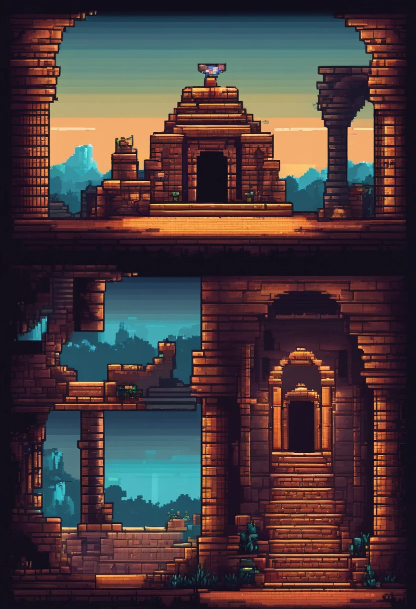 2D pixelated side-scrolling game with platformer tiles and ancient ruins, Multi-tile sprite table,dark light, darkest dungeon and ancient ruins style themed, pixel art style