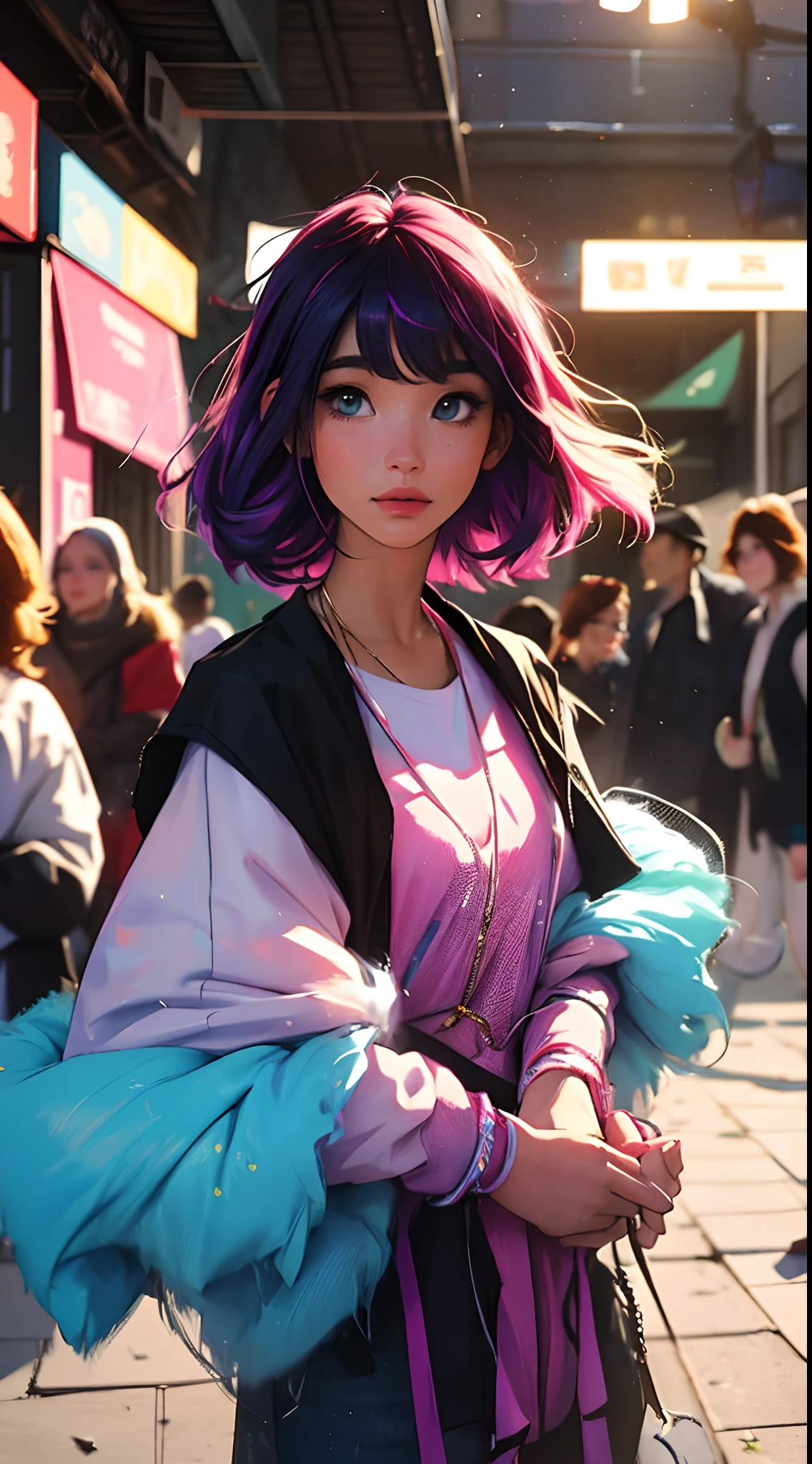 Vibrant colors, flou artistique, light leaks, Une belle fille, UHD (ultra details) Regarder le spectateur en tenue de ville de style hip-hop, different, colourfull, long, Highly colored hair 🌈, dark garments, White stardust on dark parts, absurdes, high resolucion, Ultra detailded, (1fille : 1.3), Photographie analogique, Vibrant colors, flou artistique, light leaks, Ambiance onirique,