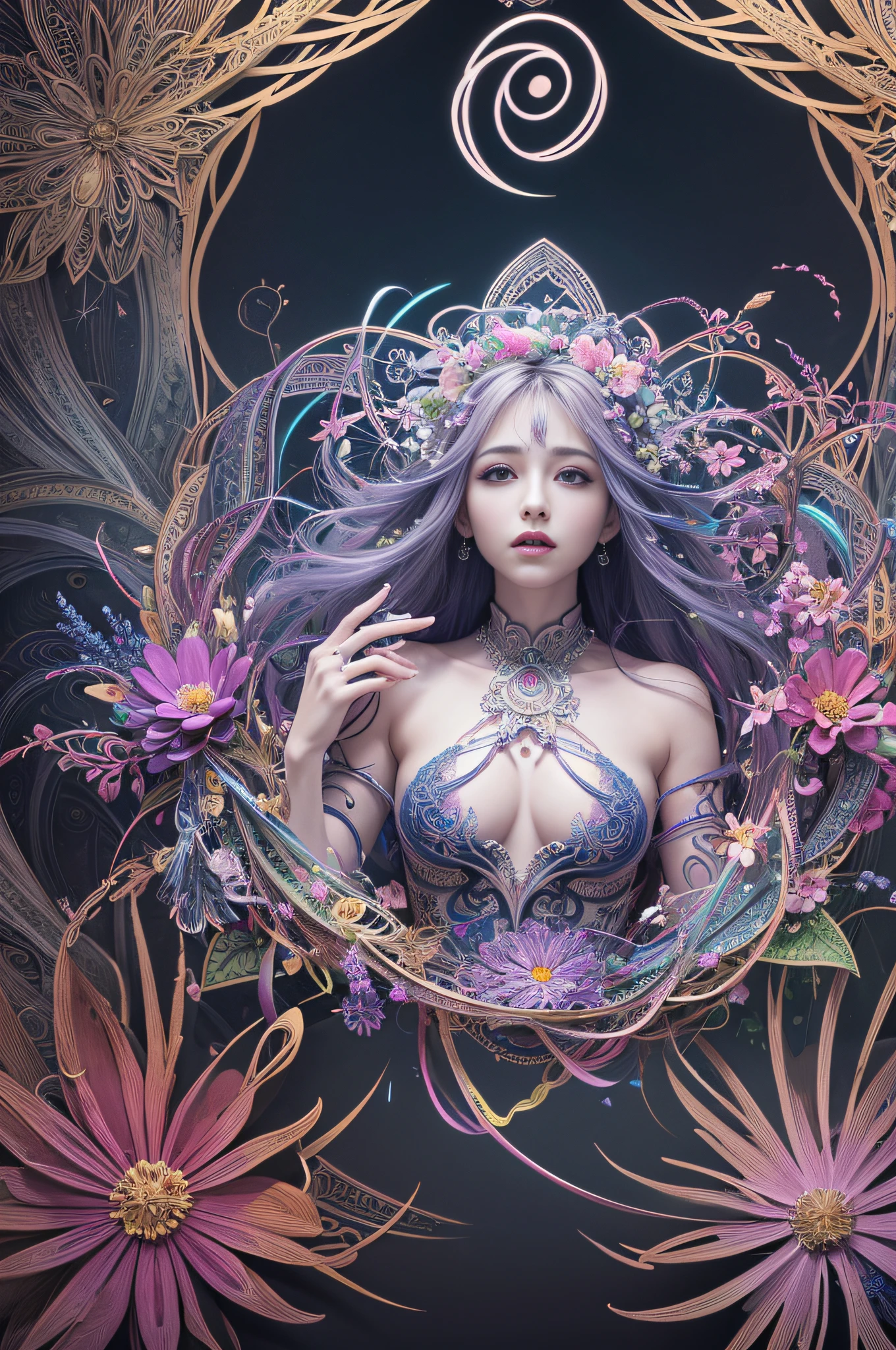 official art, unity 8k wallpaper, ultra detailed, beautiful and aesthetic, beautiful, masterpiece, best quality, (zentangle, mandala, tangle, entangle), (ecstasy of flower:1.2) dynamic angle, cowboyshot, the most beautiful form of chaos, elegant, a brutalist designed, vivid colours, romanticism, atmospheric