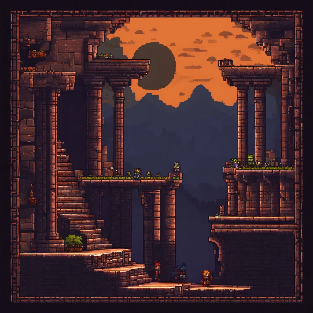 2D pixelated side-scrolling game with platformer tiles and ancient ruins, Multi-tile sprite table,dark light, darkest dungeon and ancient ruins style themed, pixel art style