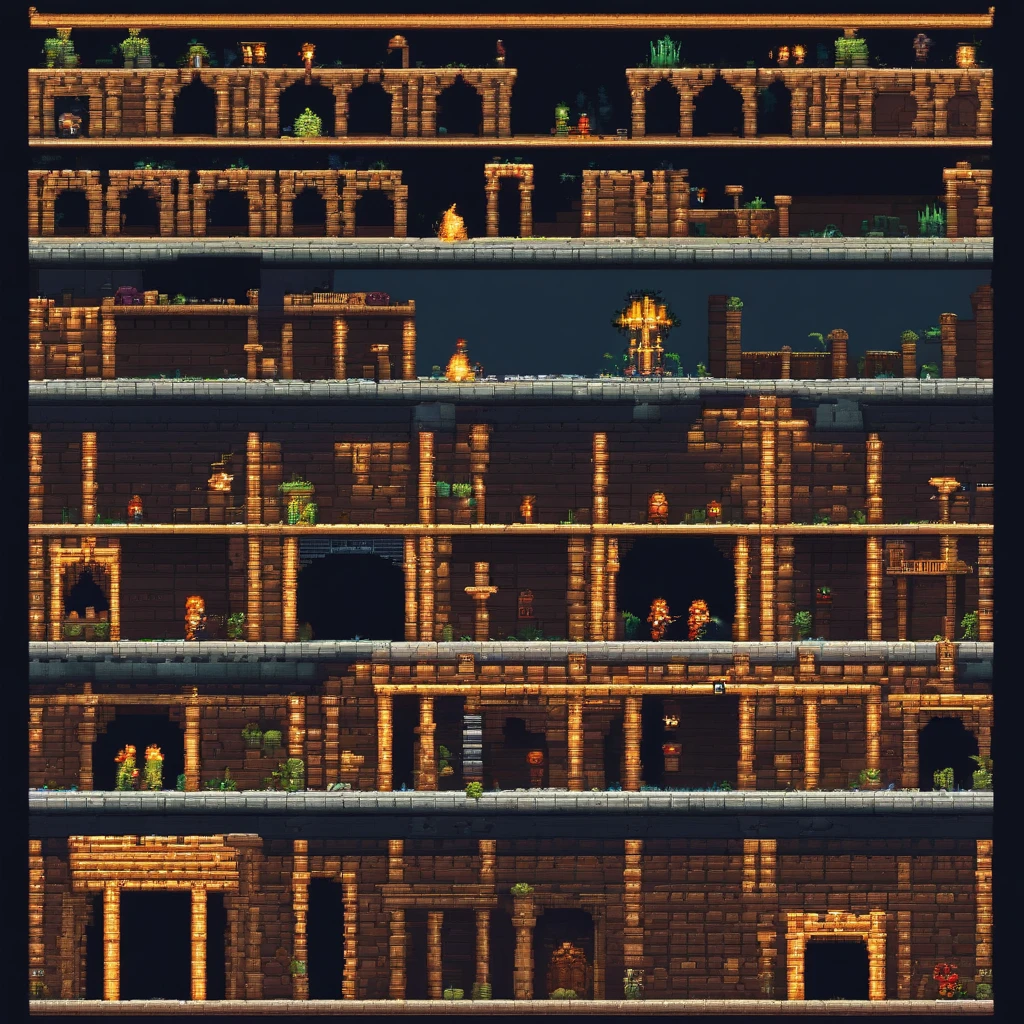 2D pixelated side-scrolling game with platformer tiles and ancient ruins, Multi-tile sprite table,dark light, darkest dungeon and ancient ruins style themed, pixel art style