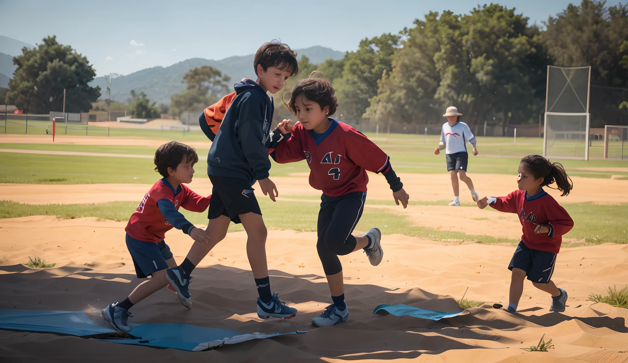 Create an image with a -yeld plng outdoor sports, acompanhado de um adulto de 50 anos, At the end there are more children of the same age, The ge is of realistic high quality, 8k,