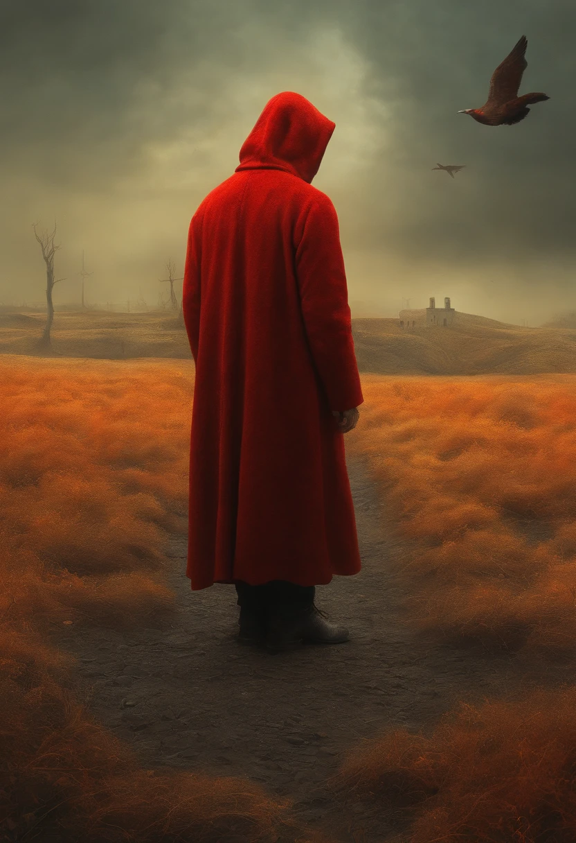 Creatures of Mythology, Par Zdzislaw Beksinski et Van Gogh, surrealism, futuriste ,Satan, corail, sorcier, abstrait, Sombre, rouge, Enfer, paysage, Mix these three images together: Homeless man on his knees, Bright anime boy with a cross in the distance, homme dans la rue sombre, vampire, yeux rouge