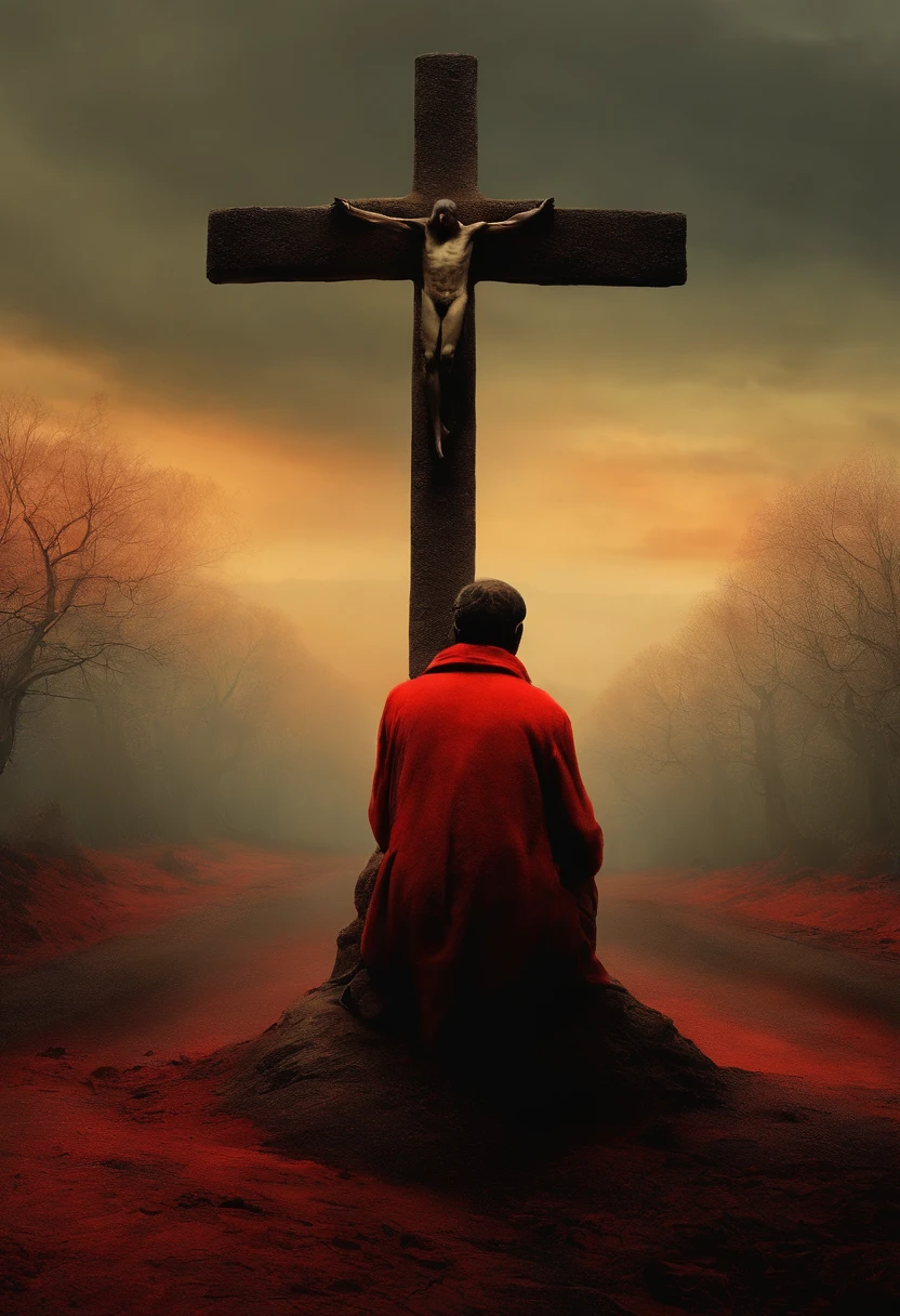 Creatures of Mythology, Par Zdzislaw Beksinski et Van Gogh, surrealism, futuriste ,Satan, corail, sorcier, abstrait, Sombre, rouge, Enfer, paysage, Mix these three images together: Homeless man on his knees, Bright anime boy with a cross in the distance, homme dans la rue sombre, vampire, yeux rouge