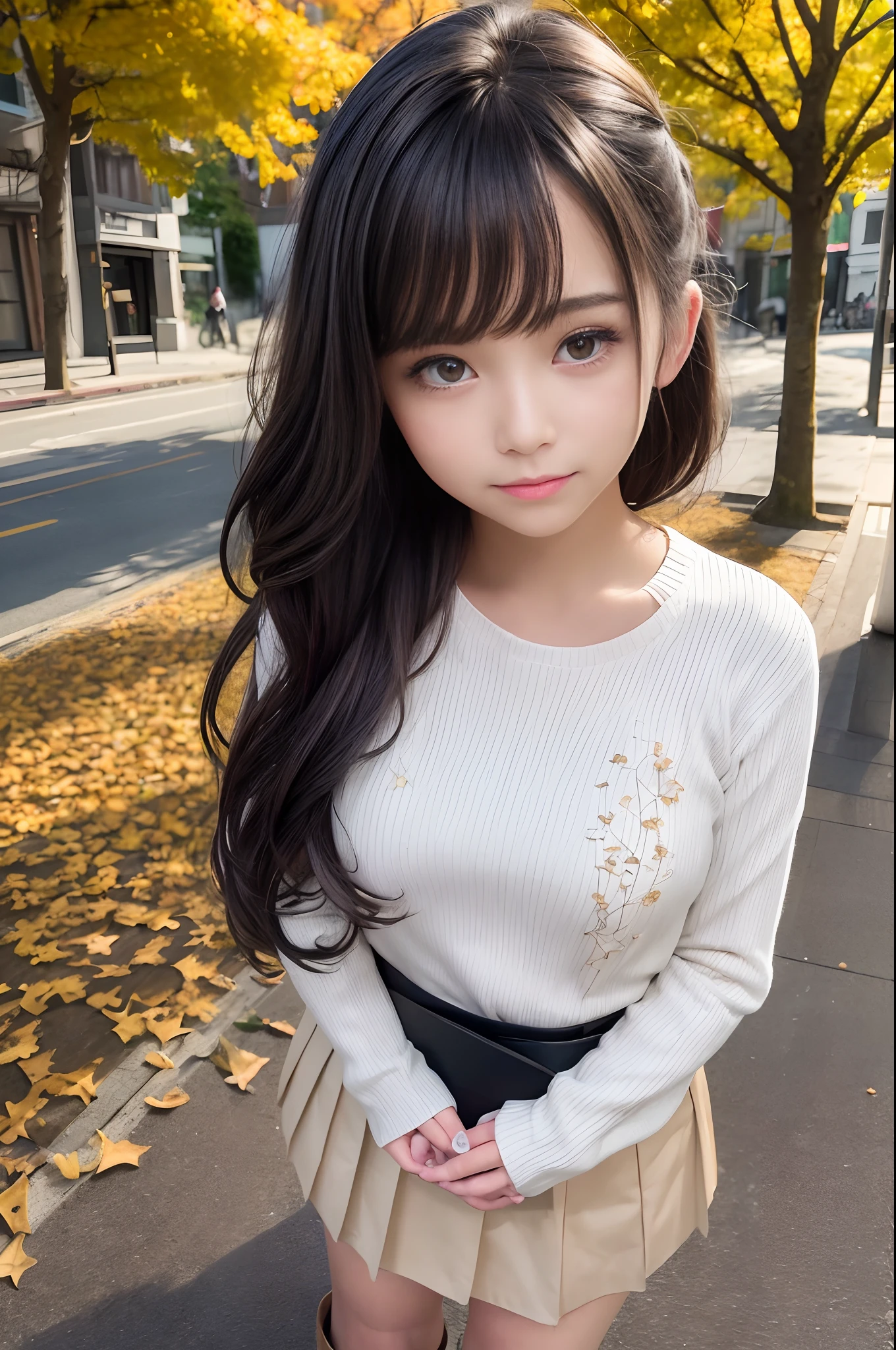(Raw photo:1.2), (Photorealistic), Beautiful detailed girl, Very detailed eyes and face, Beautiful detailed eyes, Huge file size, High resolution, Very detailed, Best Quality, [masutepiece:1.6], Illustration, Very detailed, Fine detail, Best Quality, 8K Wallpaper, Movie Lighting, 15-year-old idol of Japan, Ginkgo tree-lined street, Big cute eyes, Long wavy black hair,  White sweater,  Brown pleated skirt, Red ribbons, Black boots, Slim Boti, Immature body, Young Face, Smaller chest,   Gingko Street Tree,Autumn scenery, Autumn sunny, Sardine clouds, bright expression