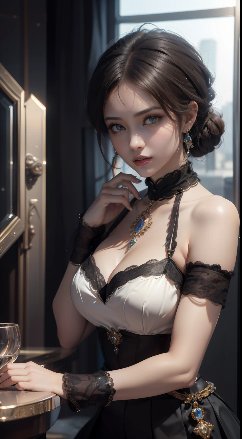 tmasterpiece,Highest image quality,Beautiful bust of a royal lady,Delicate black hairstyle,Amber eyes are clear,Embellished with a dazzling array of intricate jewelry,super detailing,upscaled。