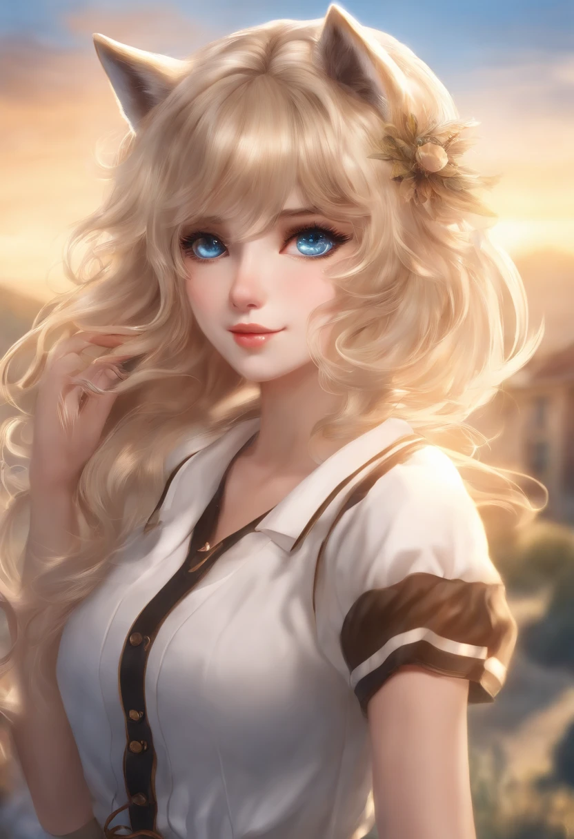 Masterpiece, Best quality, Wolf Girl, elegant, 1girll, Wolf ears, Wolf tail, Cute, face flushed, view the viewer, From above, Blonde wavy hair, Mini skirt, White and black striped T-shirt, Blue eyes, Beautiful eyes, Beautiful background, Light particles, suns rays, Dramatic lighting, outside, Shiny, Realistic, Masterpiece, Best quality, Ultra-detailed, Detailed, scenery, Beautiful detailed eyes, detailed hairs。PNG format