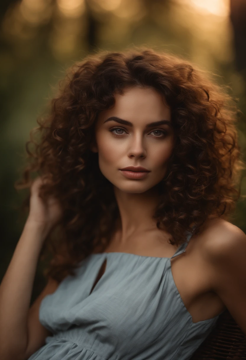 (Flou:1.2), photo, Jolie femme mixte, (beau visage:1.1), Detailed hazel eyes, pouty lips, (Maquillage des yeux de chat:0.85), (yeux moyens:1.0), (corps tonique:1.2), (curly hair:1.2), Porter (sundress:1.2) assis sur un (chaise:1.2). (moody lighting:1.2), profondeur de champ, Bokeh, 4K, Hdr. Peau brune, Yeux noisette, beauty marks, peau de miel, Porter du cuir comme dominatrice (Hold a harvest) Cinematic photo