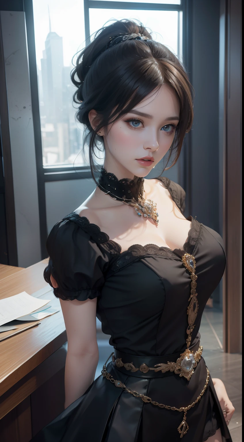 (Best Quality, Masterpiece: 1.1), (Fidelity: 1.4), 1 Girl, Upper Body, Ponytail, Hotel, (Shibari),Black Corset,Slave Chain,Slave Collar,Slave,Shackles,Disheveled Clothing,Panties