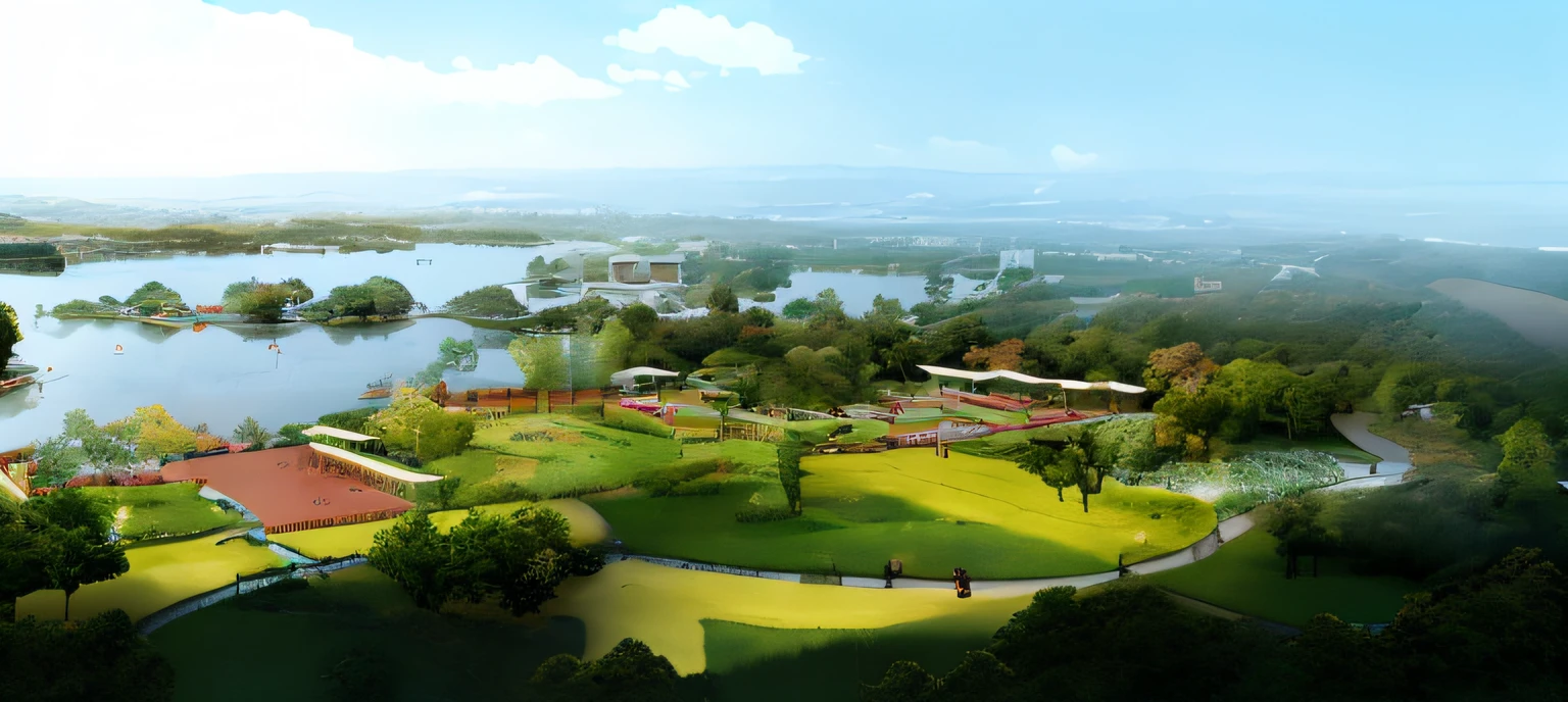 There is a large park with a pond and tennis courts, author：Chass is silent, royal garden landscape, Beautiful rendering of the Tang Dynasty, author：Wu Zhen, author：Shen Zhou, author：Li Zai, with flower fields as foreground, Landscape view, park landscape, author：Yan Hui, author：Zhou Chen, by Ni Yuanlu