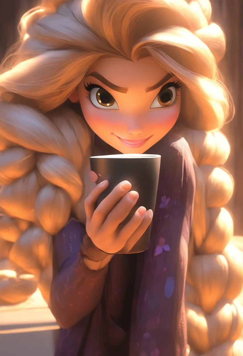 Anime Rapunzel Girl Holding Coffee，Estilo Traincore，Retrato do realismo，Prata escuro e estilo preto claro，Estilo Traincore，retratos realistas，Cinzas，Cena realista da cidade，Cena realista，preto e cinza，UHD 32k，meticuloso，desenho realista，ondulado，reluzente，i can't believe how beautiful this is