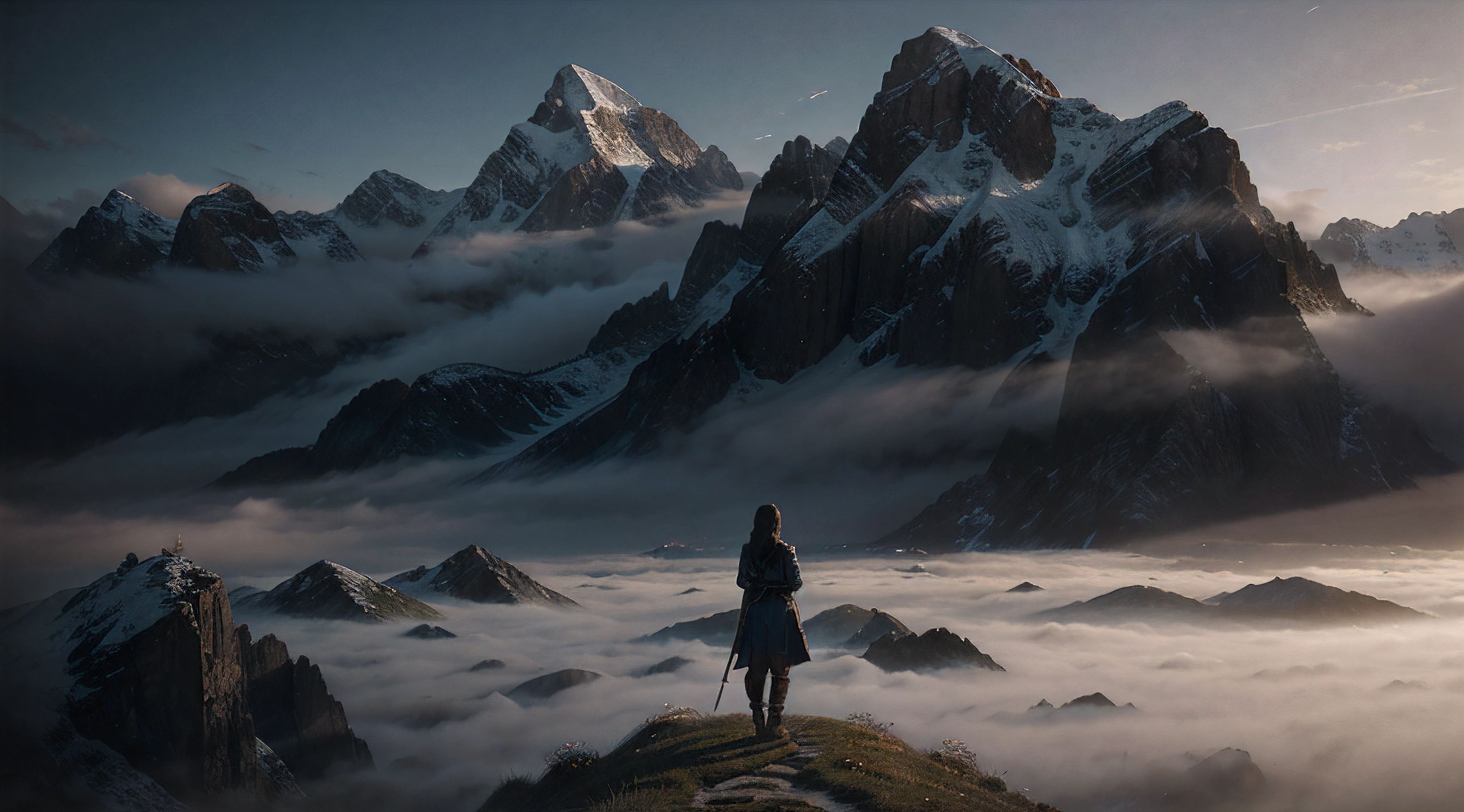 there is a woman standing on a path in the mountains, a detailed matte painting inspired by Andreas Rocha, cgsociety contest winner, fantasy art, a wanderer on a mountain, wanderer above the sea of fog, andreas rocha and john howe, cinematic matte illustration, concept art wallpaper 4k, elegant cinematic fantasy art, epic dreamlike fantasy landscape