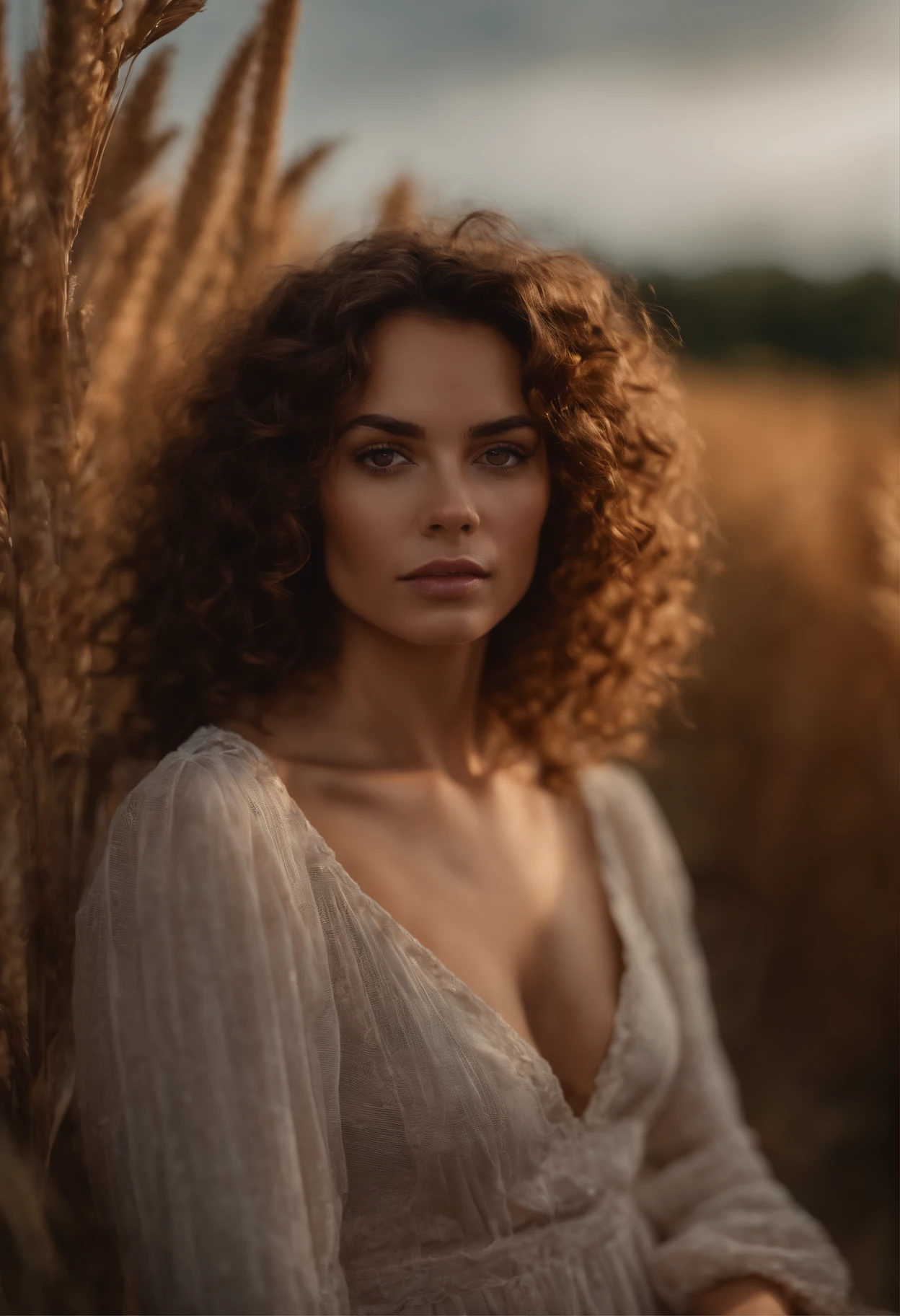 (Flou:1.2), photo, Jolie femme mixte, (beau visage:1.1), Detailed hazel eyes, pouty lips, (Maquillage des yeux de chat:0.85), (yeux moyens:1.0), (corps tonique:1.2), (curly hair:1.2), Porter (sundress:1.2) assis sur un (chaise:1.2). (moody lighting:1.2), profondeur de champ, Bokeh, 4K, Hdr. Peau brune, Yeux noisette, beauty marks, peau de miel, Porter du cuir comme dominatrice (Hold a harvest) Cinematic photo