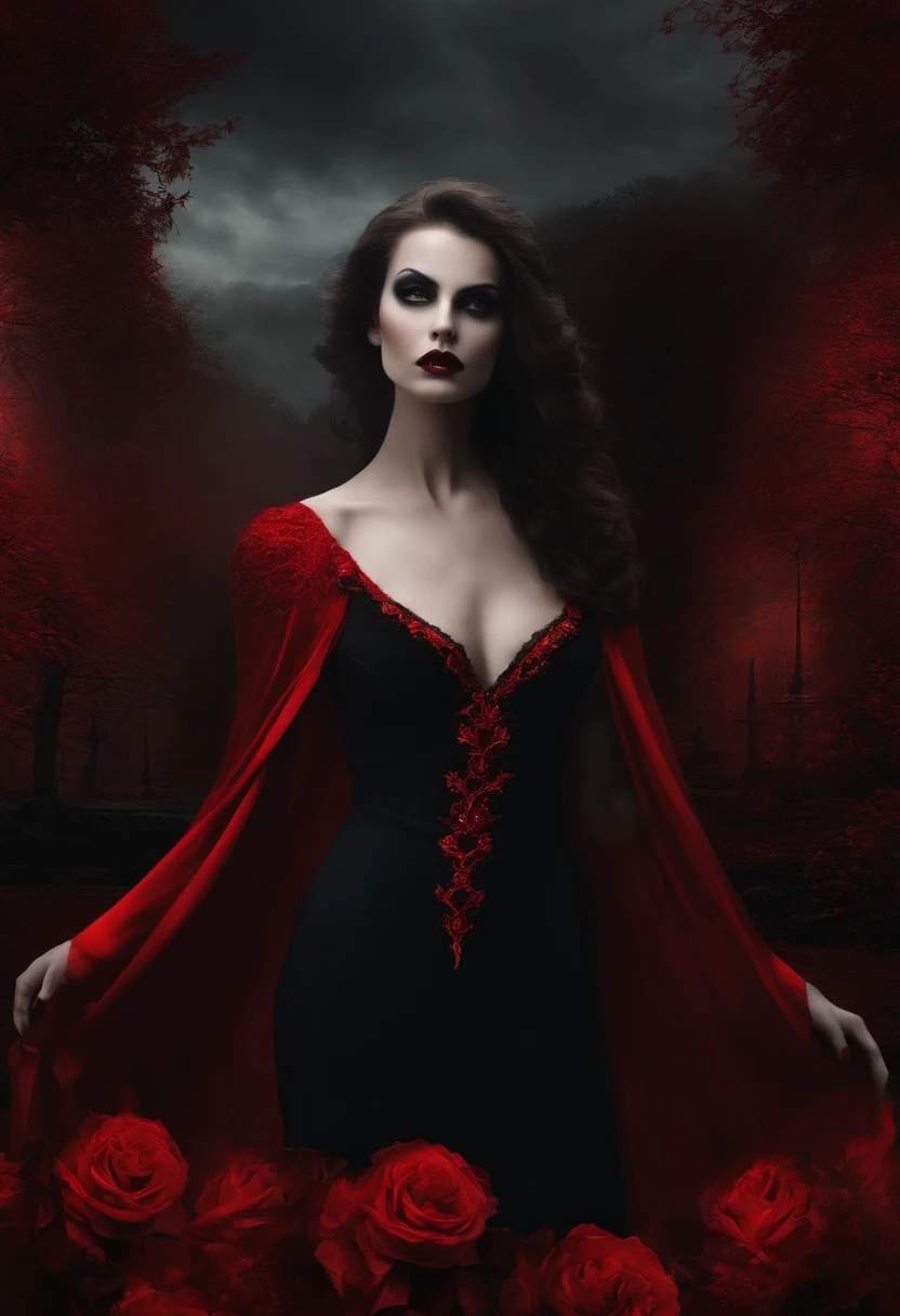 Vampire Creatures, surrealism, futuriste ,Satan, corail, sorcier, abstrait, Sombre, rouge, Enfer, paysage, Mix these three images together: vampire, yeux rouge, cimtiere