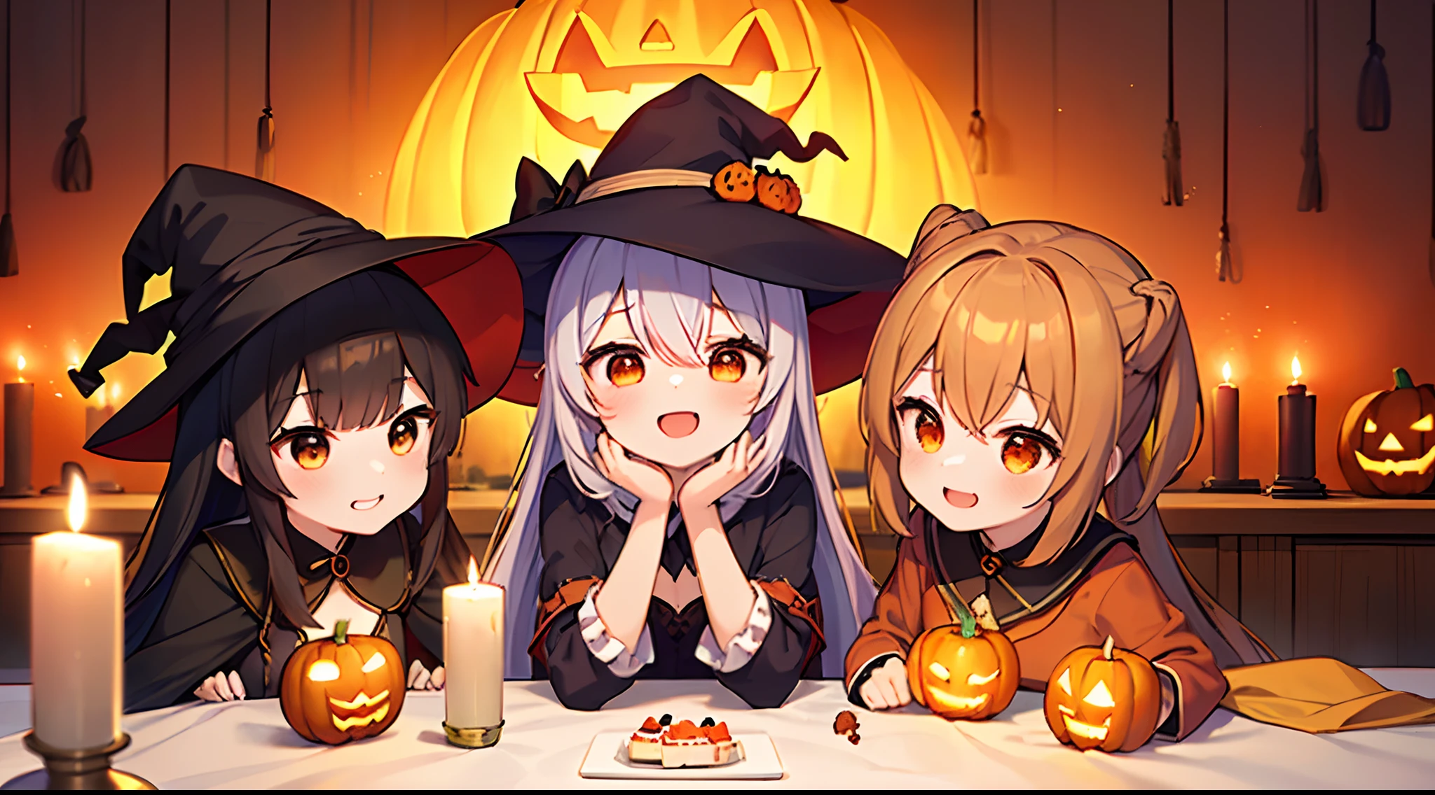 (top-quality), (​masterpiece)、(ultla detailed)、Halloween、(Background of dimly lit room and jack-o'-lantern)、Candlelight、(Three beautiful girls dressed in witch cosplay line up at a table)、From the front、(cute little)、(On the table is a basket of candles and sweets:1.3)、6years old、A smile、(Orange theme)、natta