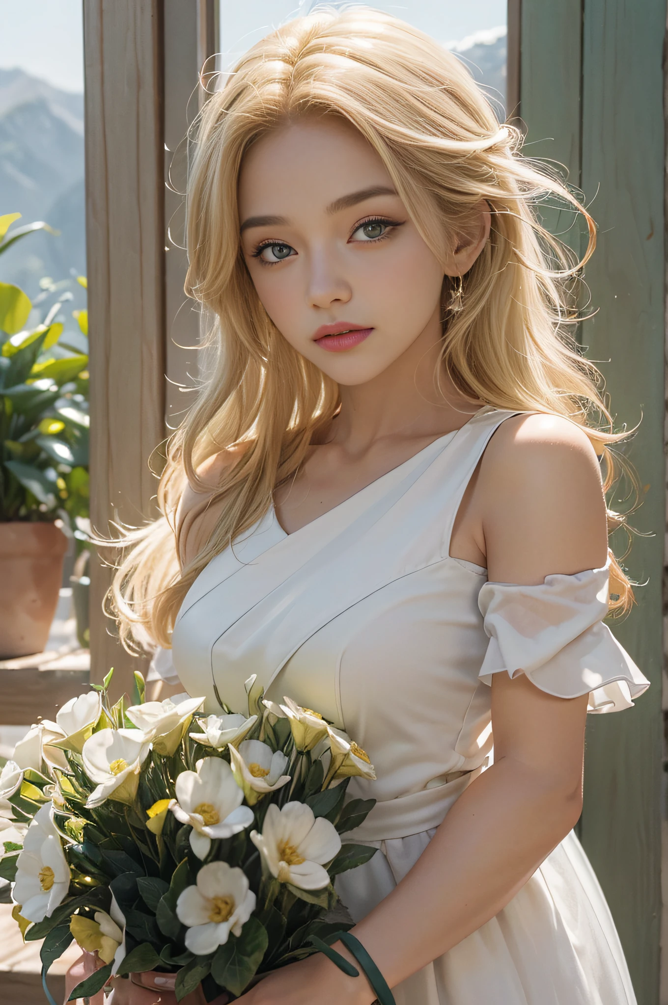 (master part, best quality:1.3)
RDRKarenJones, 1girl, sozinho, blonde hair, Cowboy Ocidental, trilha da montanha, meio-dia, Clear and crisp light illuminating the natural beauty Face :-macho, plantas vermelhas, Flores douradas, Thick construction