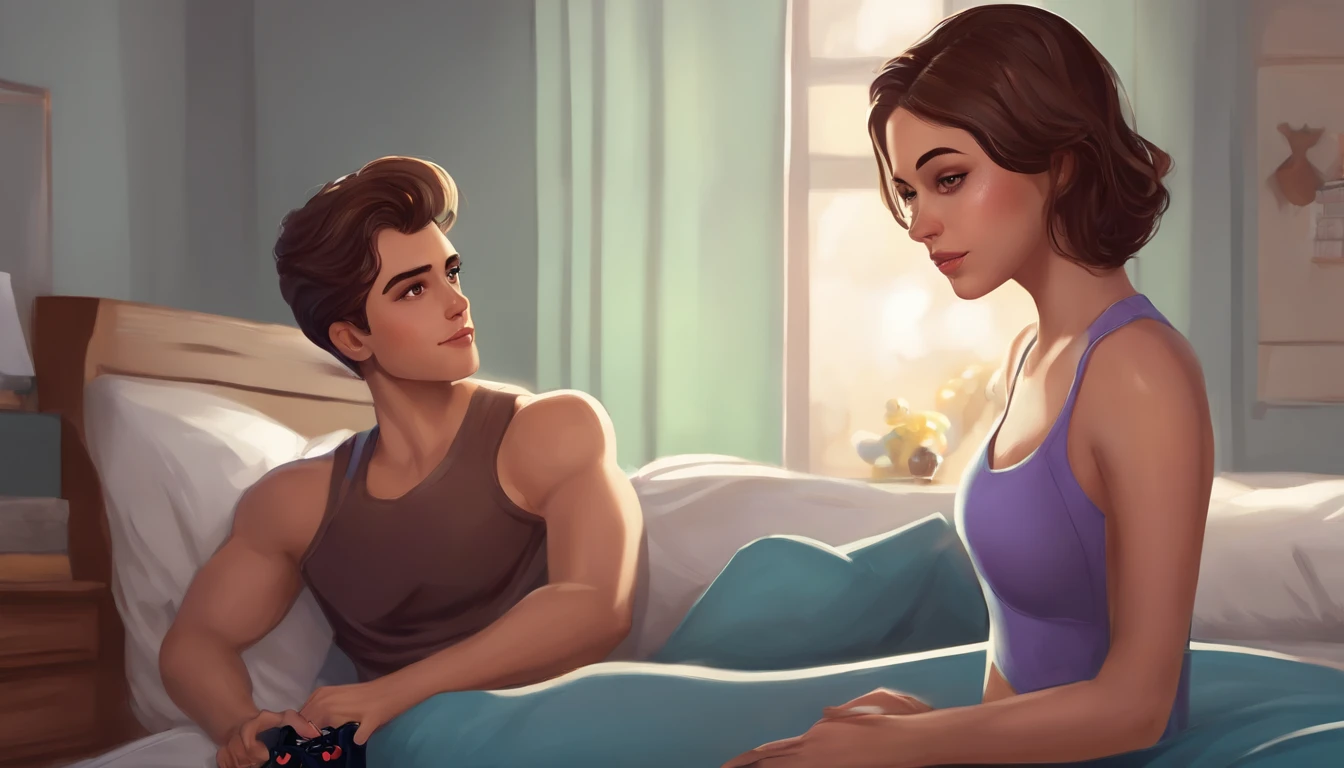 Robotic boy with matching Sony blue tank top and pants, sexy boy with brown eyes, portrait sophie mudd, brown hair and large eyes, selfie of a young woman, bedroom eyes, violet myers, without makeup, natural makeup, looking directly at the camera, face with artgram, playing a PlayStation console